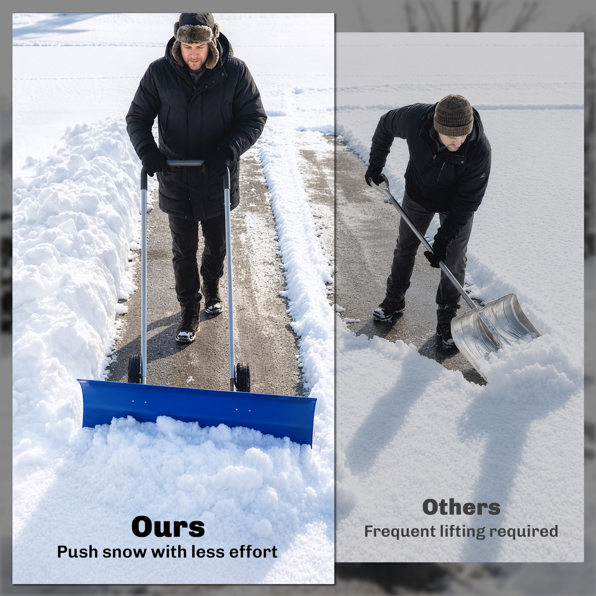 37-Inch Extra Wide Snow Shovel with Wheels, Heavy Duty Aluminum Snow Pusher with Ergonomic Adjustable Handle, Blue