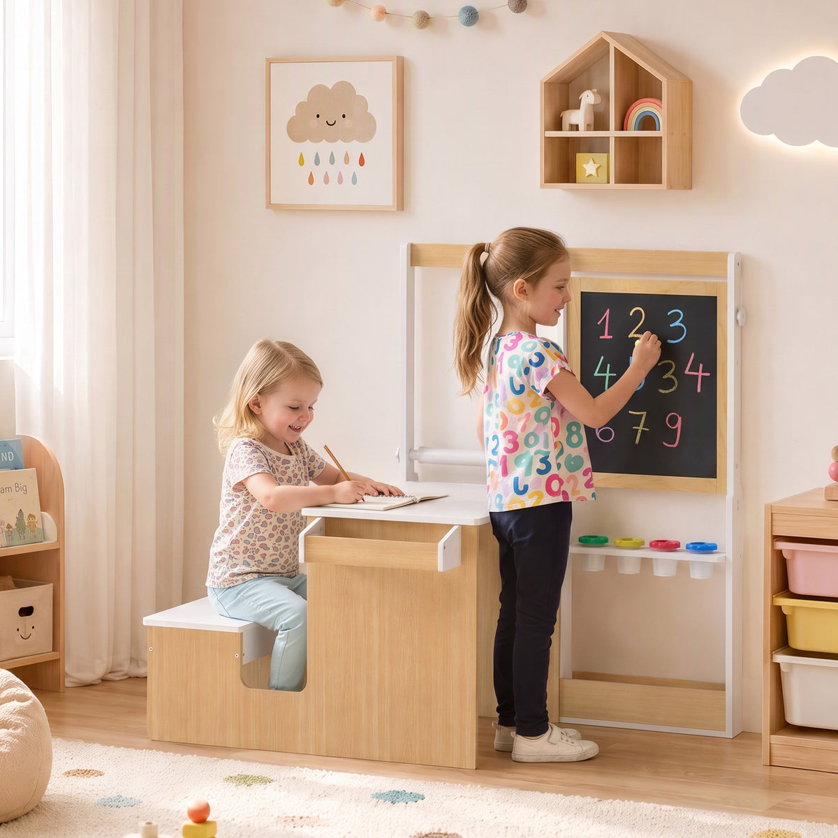 5-in-1 Kids Art Table and Chair Set with Easel, Wooden Craft and Play Activity Desk with Storage