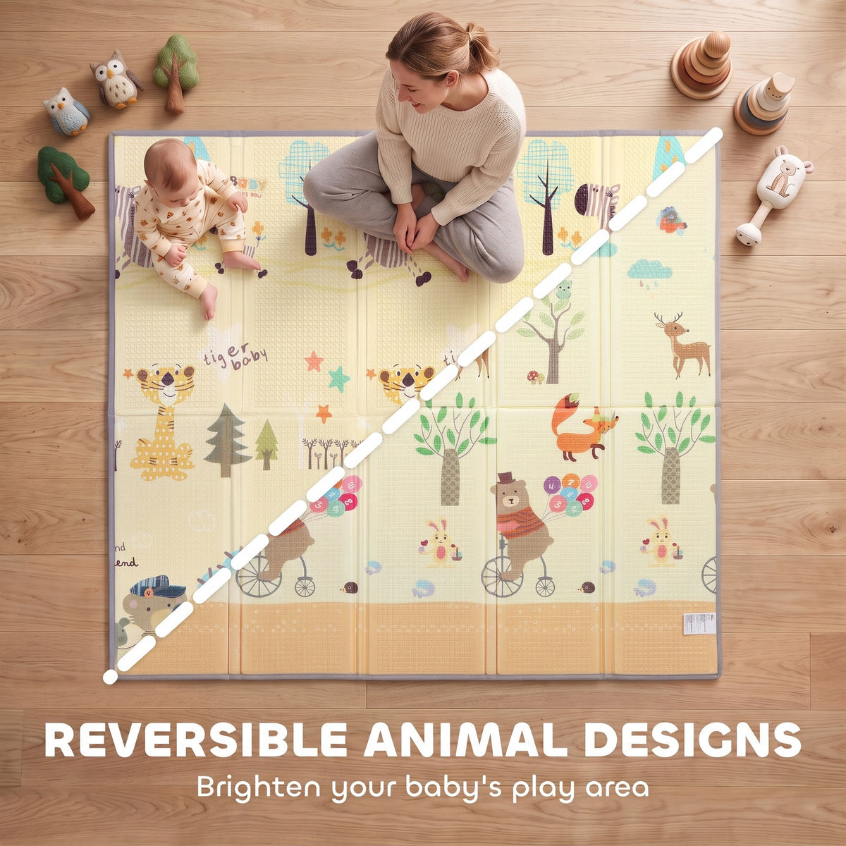 Foldable & Reversible Baby Play Mat, 79" x 71"Thick Play Mat for Floor, Waterproof Non-Slip, Forest Animals