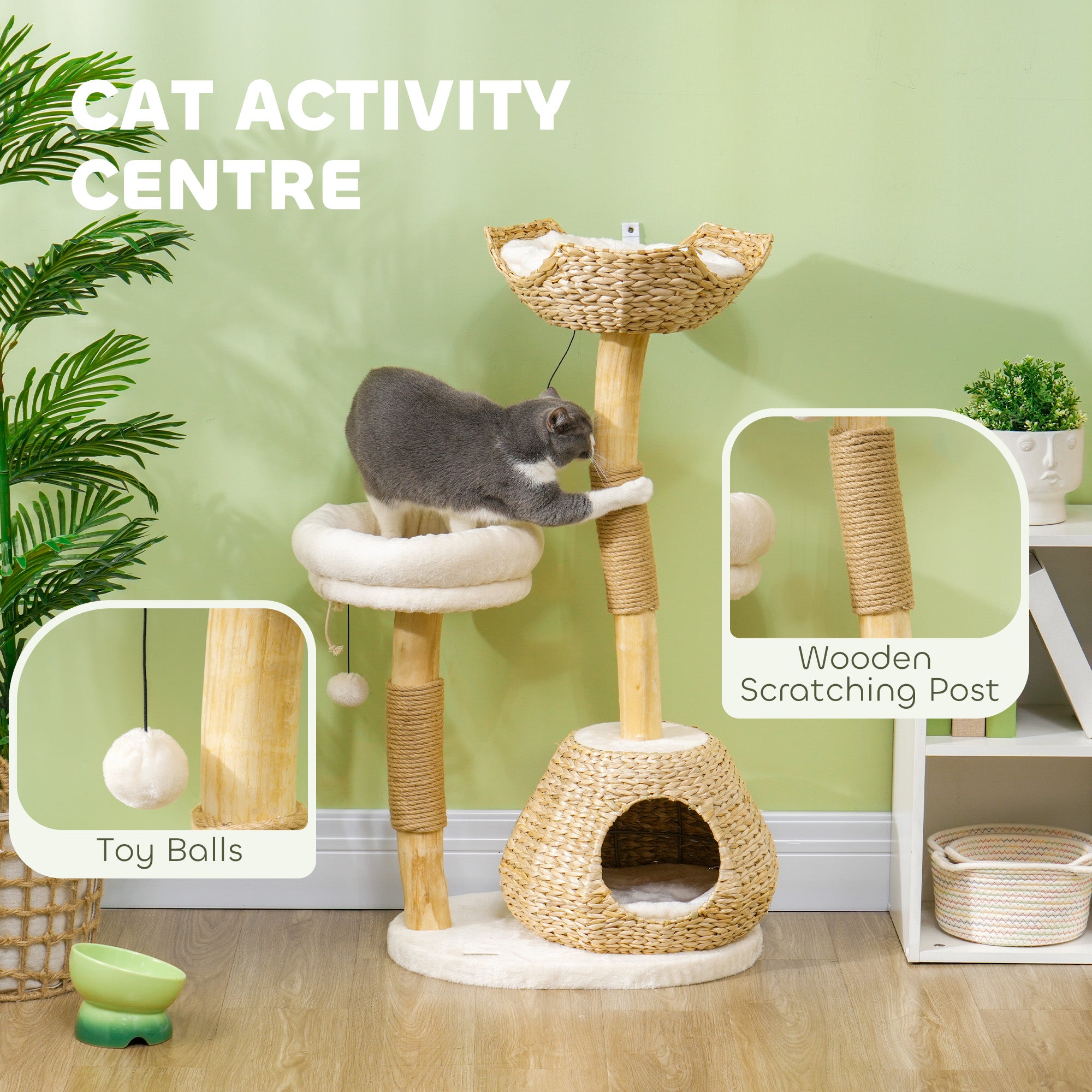 41" Cat Tree for Indoor Cats with Wooden Cat Scratching Posts, Cat Condo, Cat Beds & Toy Balls, Cream White - Cream White - Image 4