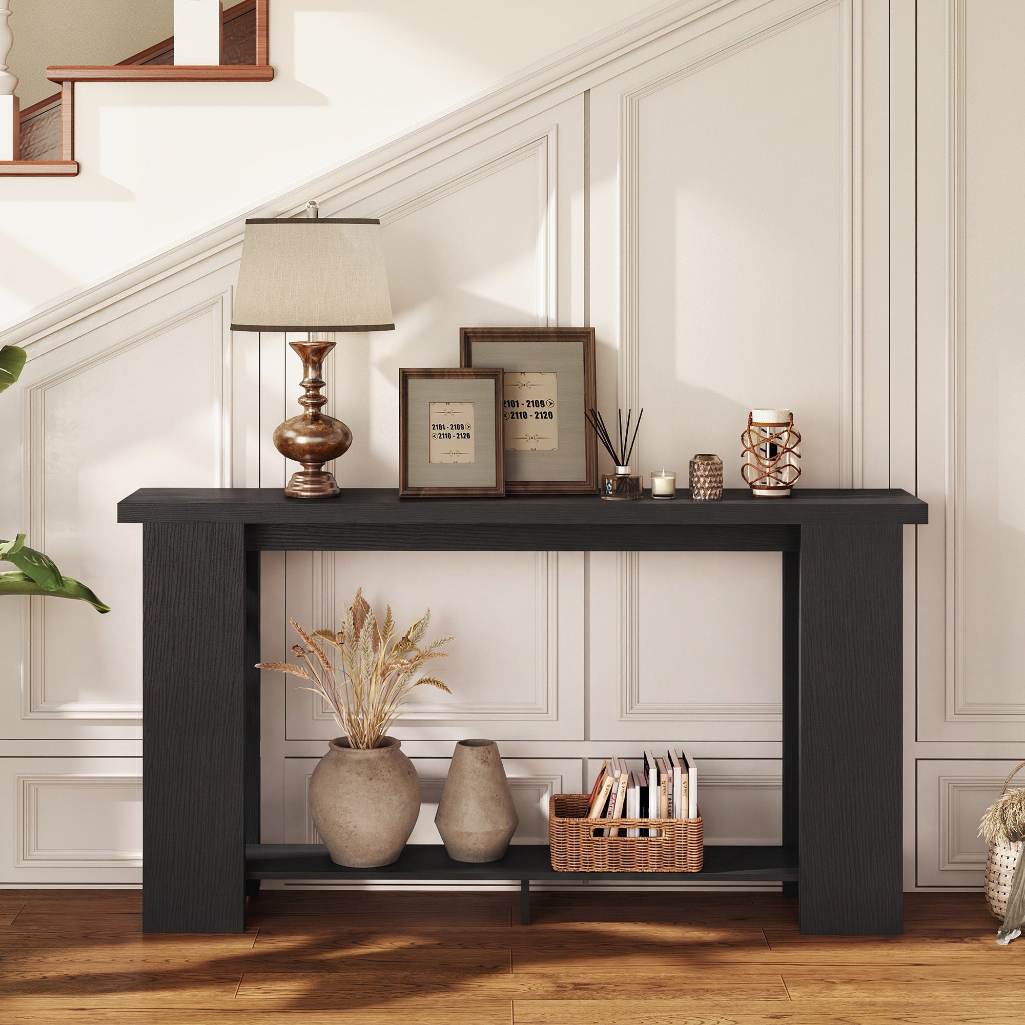 Farmhouse Console Table, 63" Narrow Entryway Table with Thickened Tabletop for Living Room, Hallway, Distressed Black