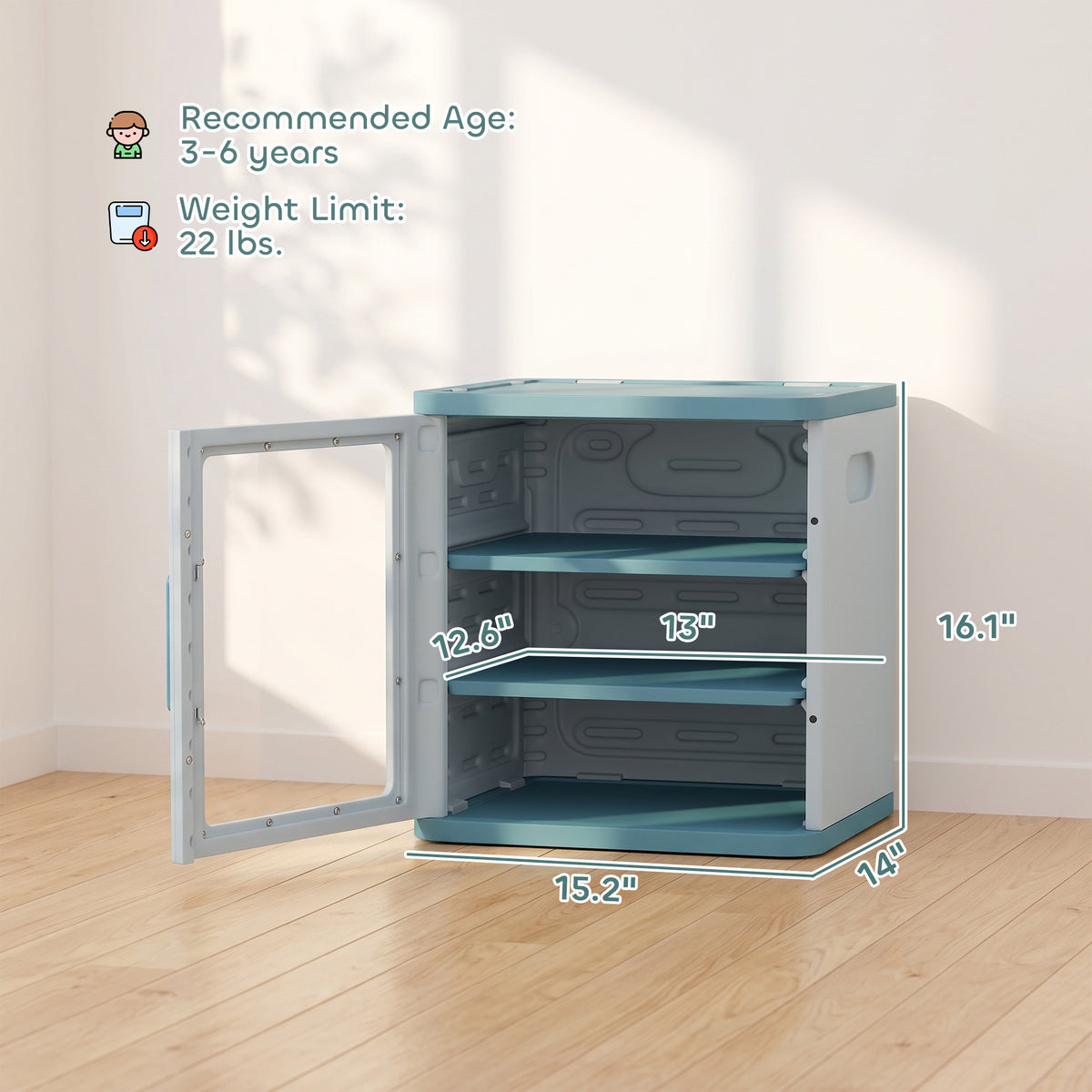 Toy Storage Organizer, 3 Tier Adjustable Toy Storage Cabinet Dustproof HDPE Plastic, Transparent Door, Light Blue