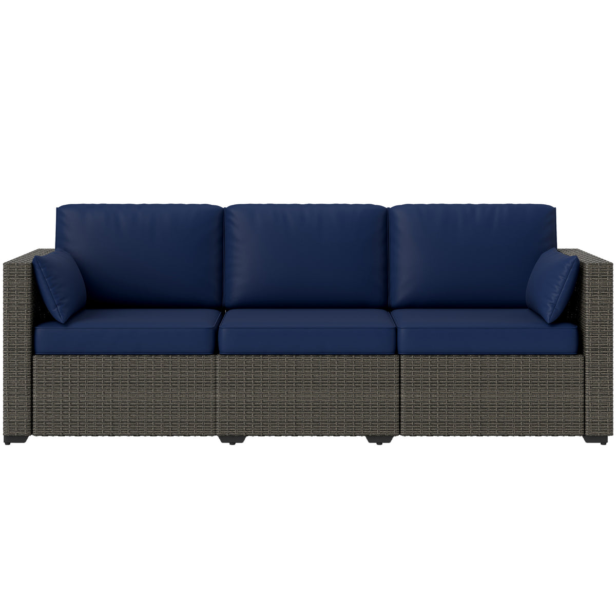 Patio Couch PE Wicker Deep Seating Outdoor Sofa with Removable Cushions, 3 Seater Rattan Sofa, Navy Blue