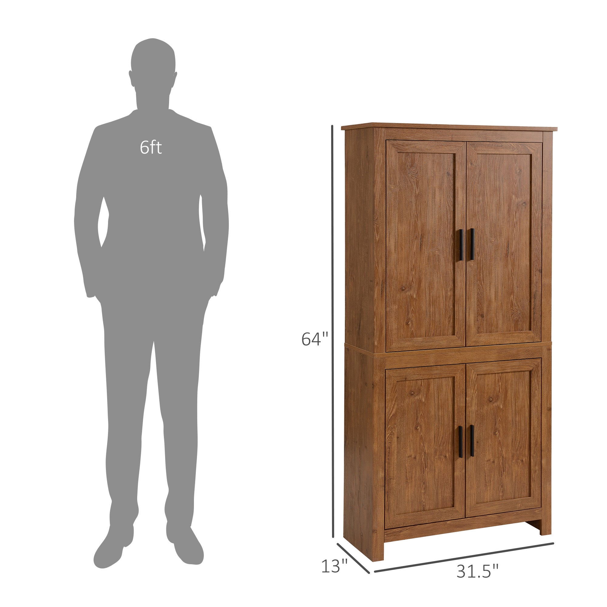 64" 4-Door Kitchen Pantry, Freestanding Storage Cabinet with 3 Adjustable Shelves for Kitchen, Oak