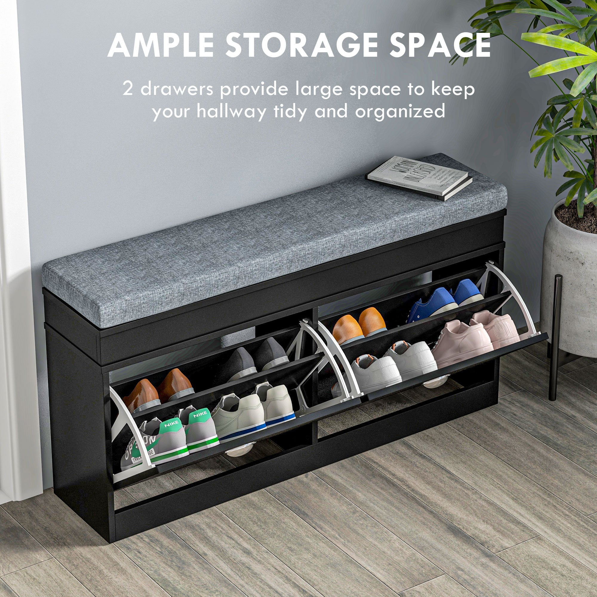 Modern Shoe Storage Bench, Entry Way Bench with Cushion, 2 Drawers, Storage Ottoman Bench, Holds 8 Pairs, Black