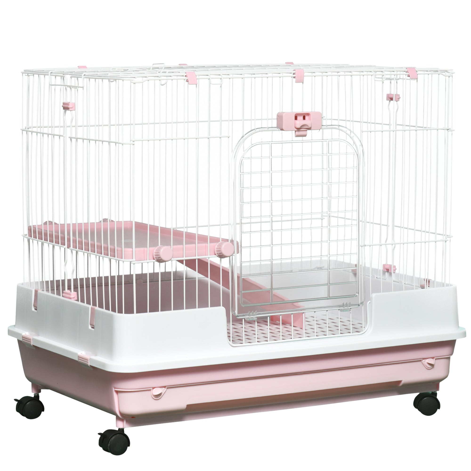 2-Level Small Animal Cage Rabbit Hutch with Wheels, Removable Tray, Platform and Ramp for Bunny, Chinchillas, Ferret, Pink - Pink