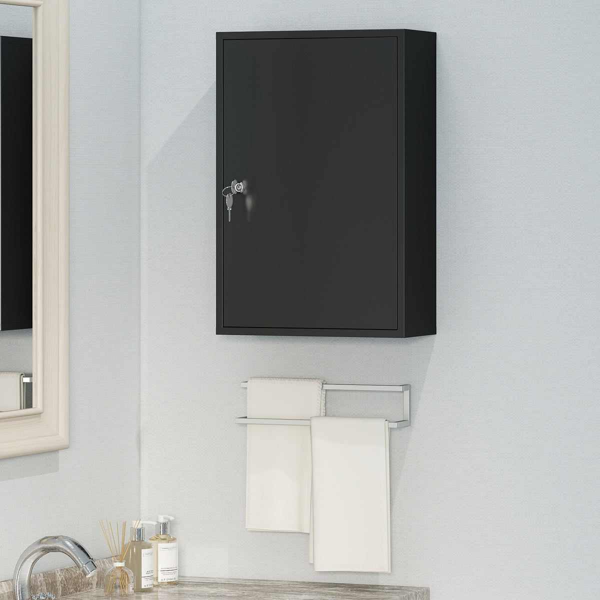 Wall Mount Medical Cabinet, Bathroom Cabinet with 3 Tier Shelves, 2 Keys, 15.7" x 7.1" x 23.6", Black