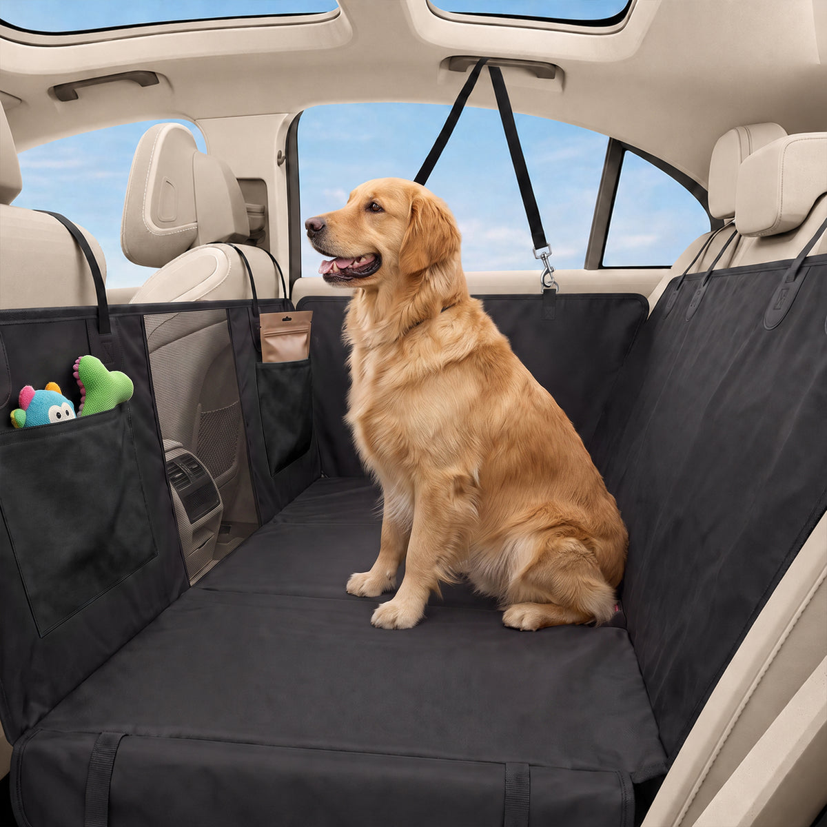 Dog Car Seat Cover for Back Seat, Hard Bottom Back Seat Extender, Waterproof Dog Hammock for Car & SUV, 58"L, Black