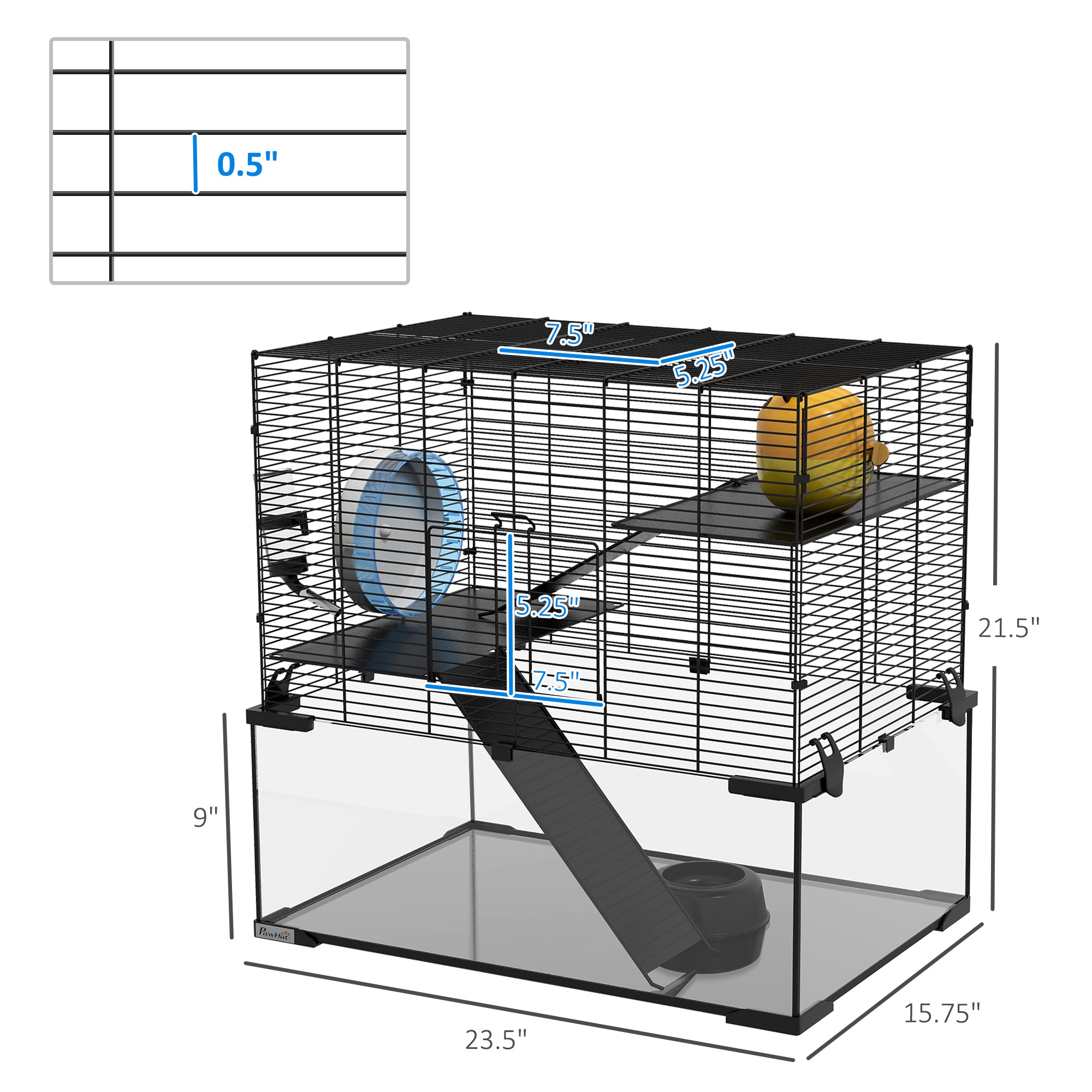 23.5" Hamster Cage, Gerbil Cage with Glass Basin for Small Hamsters, Black - Black - Image 3