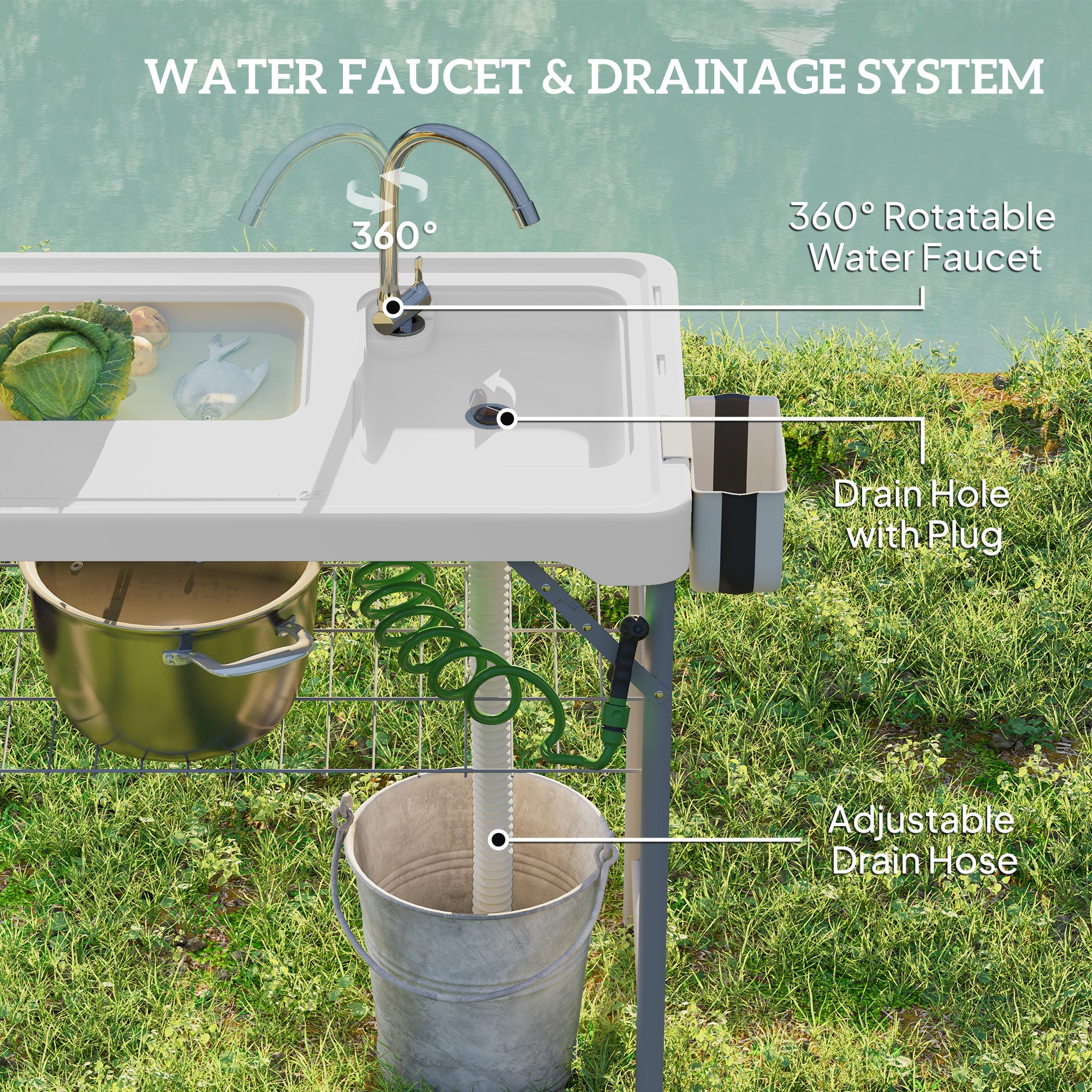 Folding Fish Cleaning Table with Sinks, Portable Camping Sink Table with Faucet, Drainage Hose, Sprayer, Shelf, Drawer and Storage Basket, Outdoor Fillet Table for Picnic Beach Patio, White
