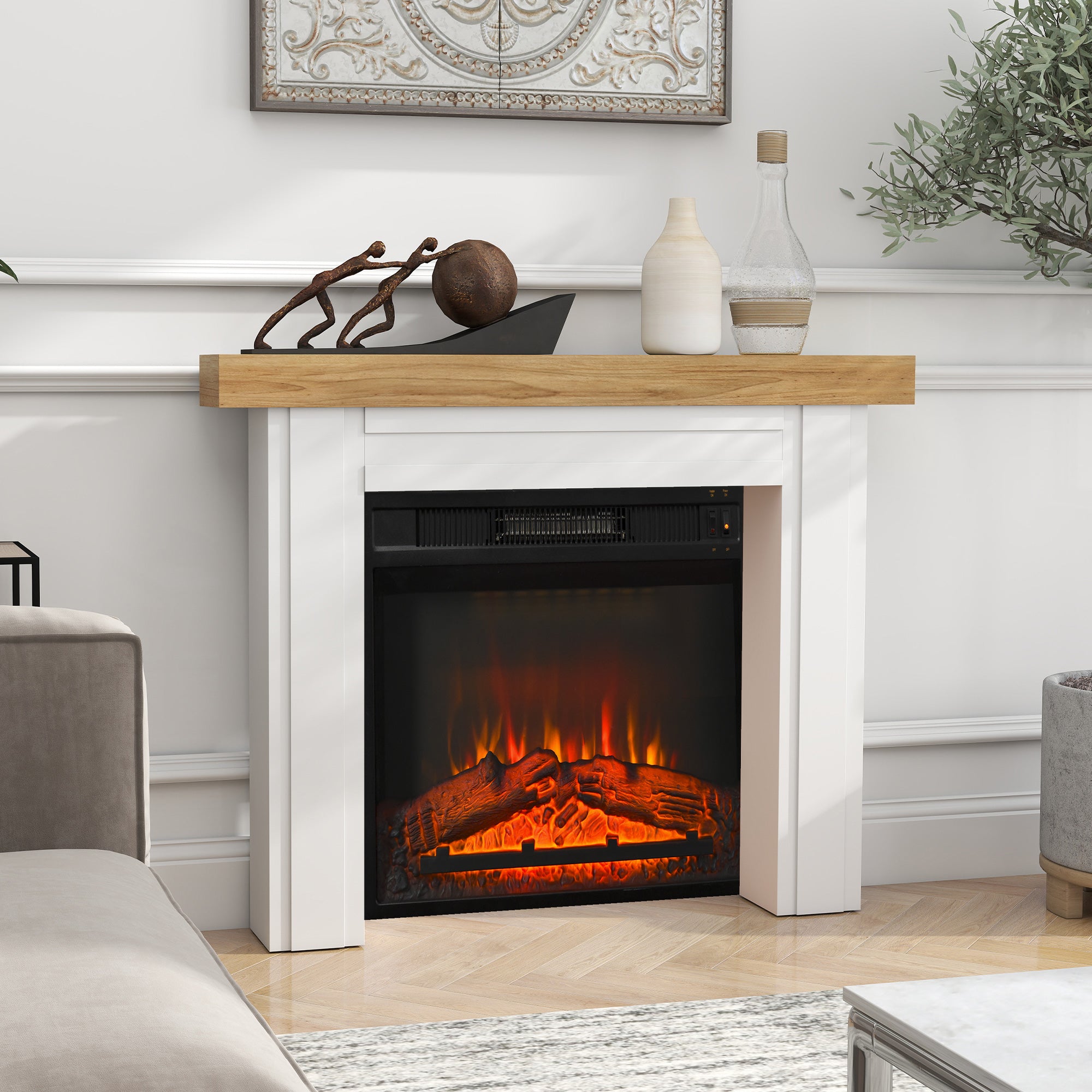 Modern Fireplace Mantel, Freestanding Fireplace Surround with Leg for Electric Fireplaces, 51.2" W x 40.6" H, Natural Wood