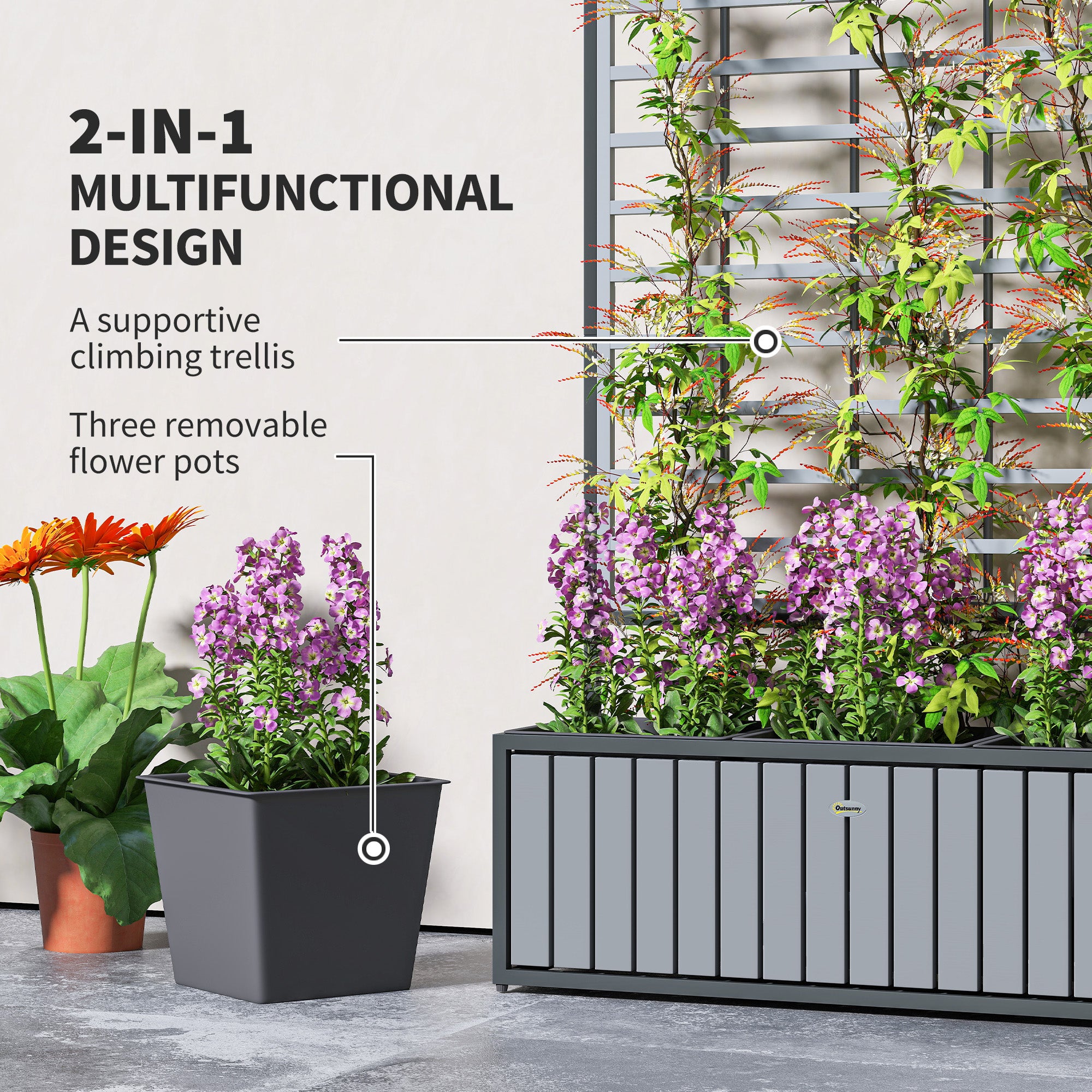 Wooden Raised Garden Bed with Trellis, Removable Pots, for Backyard, Patio, Balcony, 29" x 11" x 52", Gray - Gray - Image 4