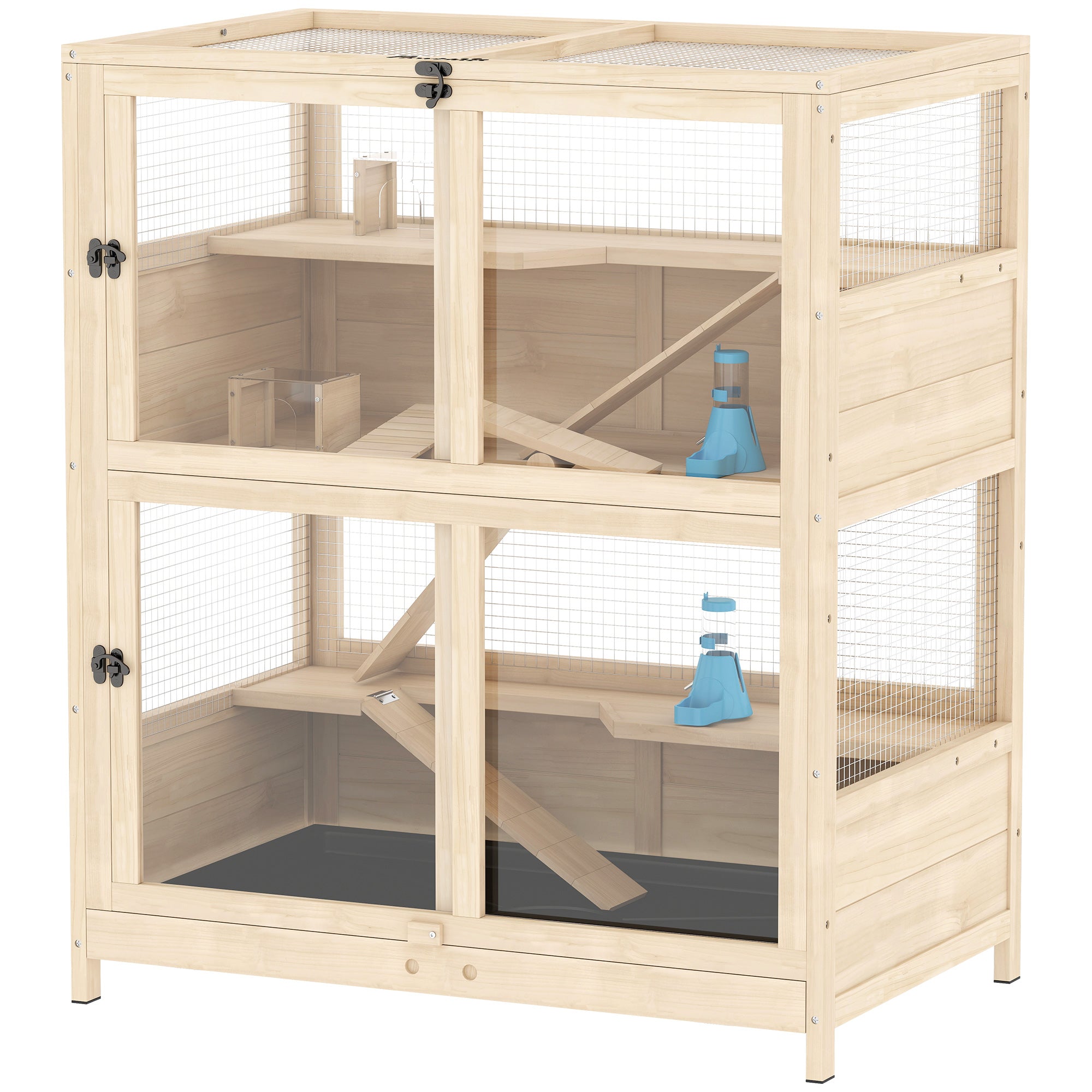 Wooden Hamster Cage, 4 Tier Small Animal Cage with Mesh Flip Roof, Pull-Out Tray, Huts, Seesaws, Ramps and Water Bottles