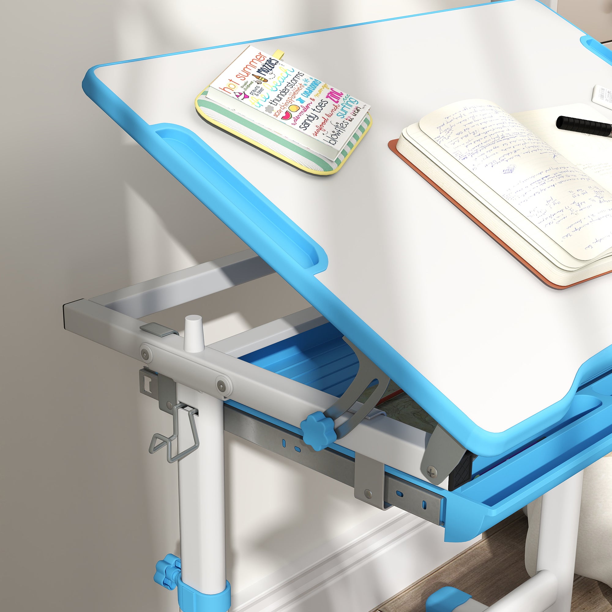 Height Adjustable Kids Desk and Chairs Set with Tilt Desktop, Storage Drawer, Pen Slot, Hook, Blue