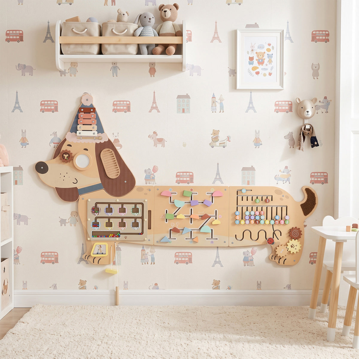 Wooden Wall Busy Board, Montessori Sensory Wall Panel Dachshund-Shaped for Playroom, Educational Toys for Toddler