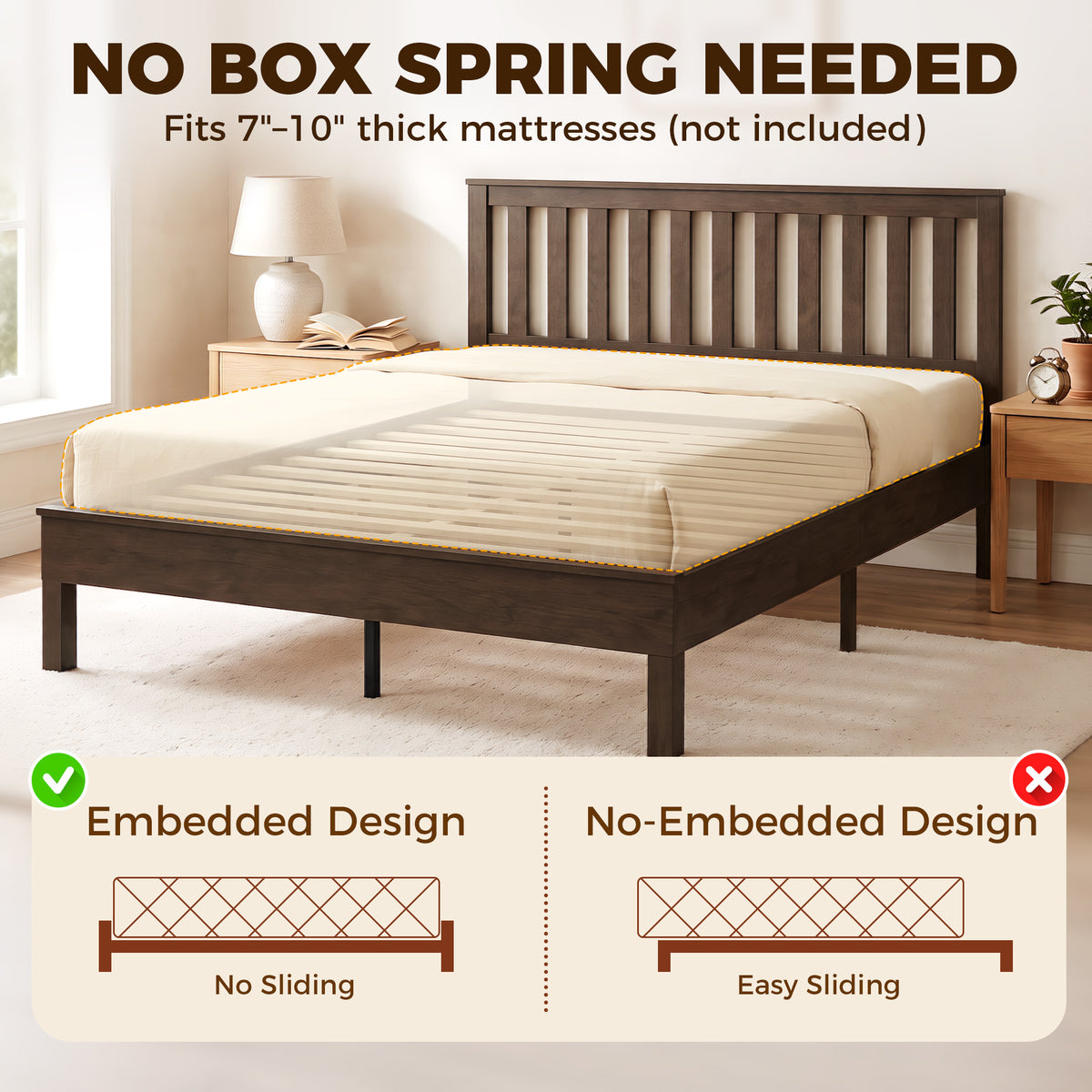 Queen Size Bed Frame with Headboard and Footboard, Mid-Century Modern Wood Platform Bed Frame, Walnut