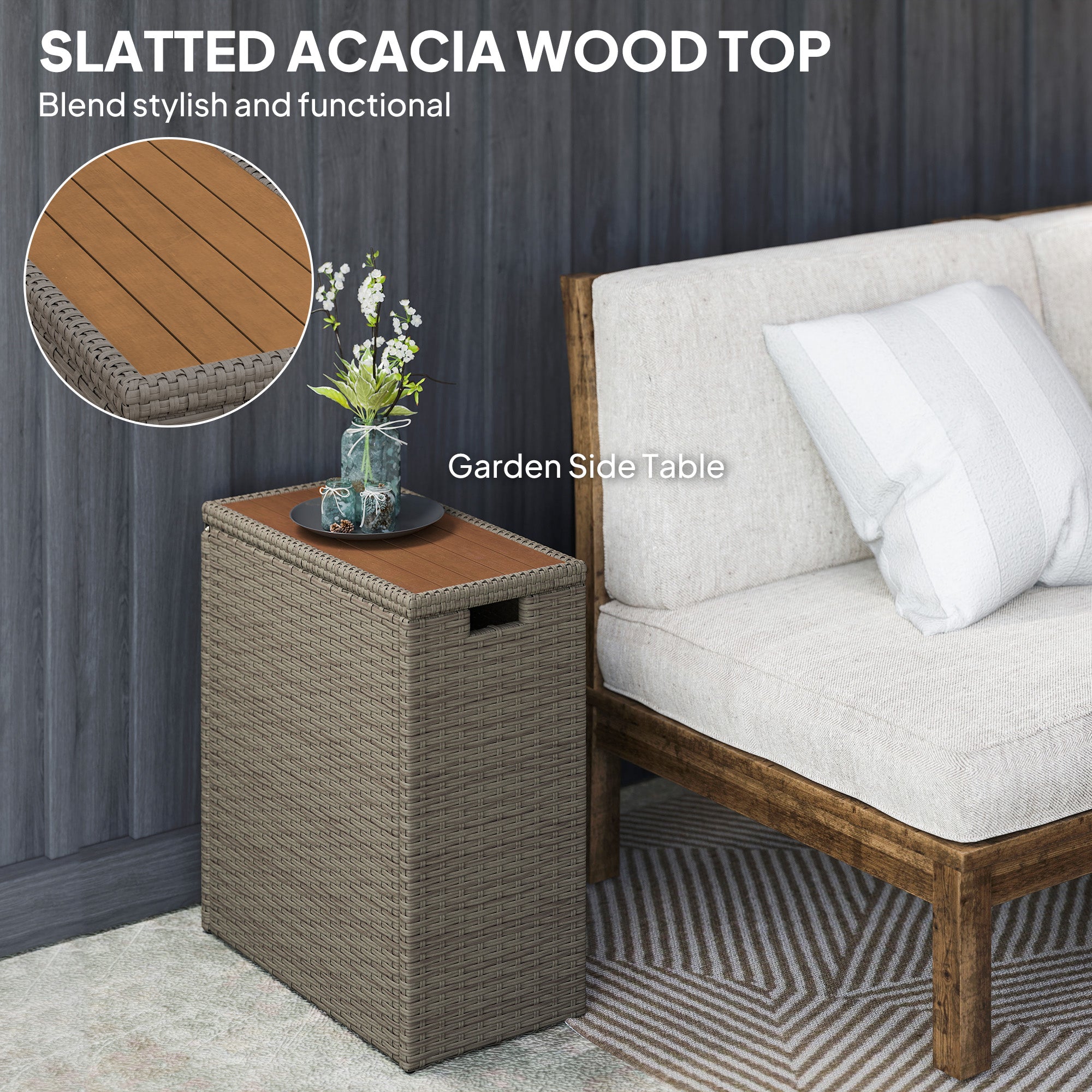 17-Gallon Small Deck Box, Wicker Outdoor Storage Box with Acacia Wood Top for Patio Cushions and Garden Tools, Teak - Teak - Image 6