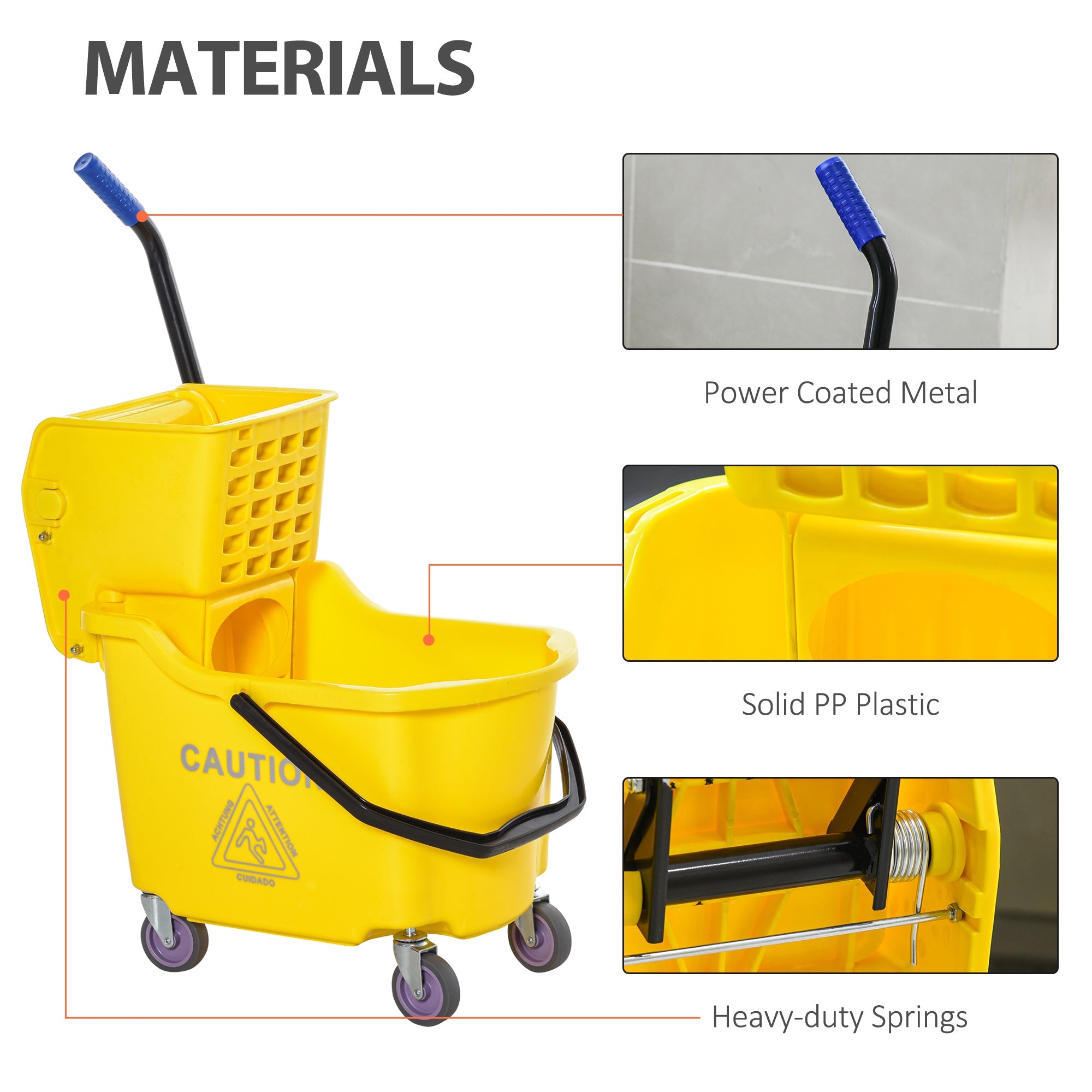 Mop Bucket Cart with Side Press Wringer, Metal Handle and 34 Quart Capacity, Yellow