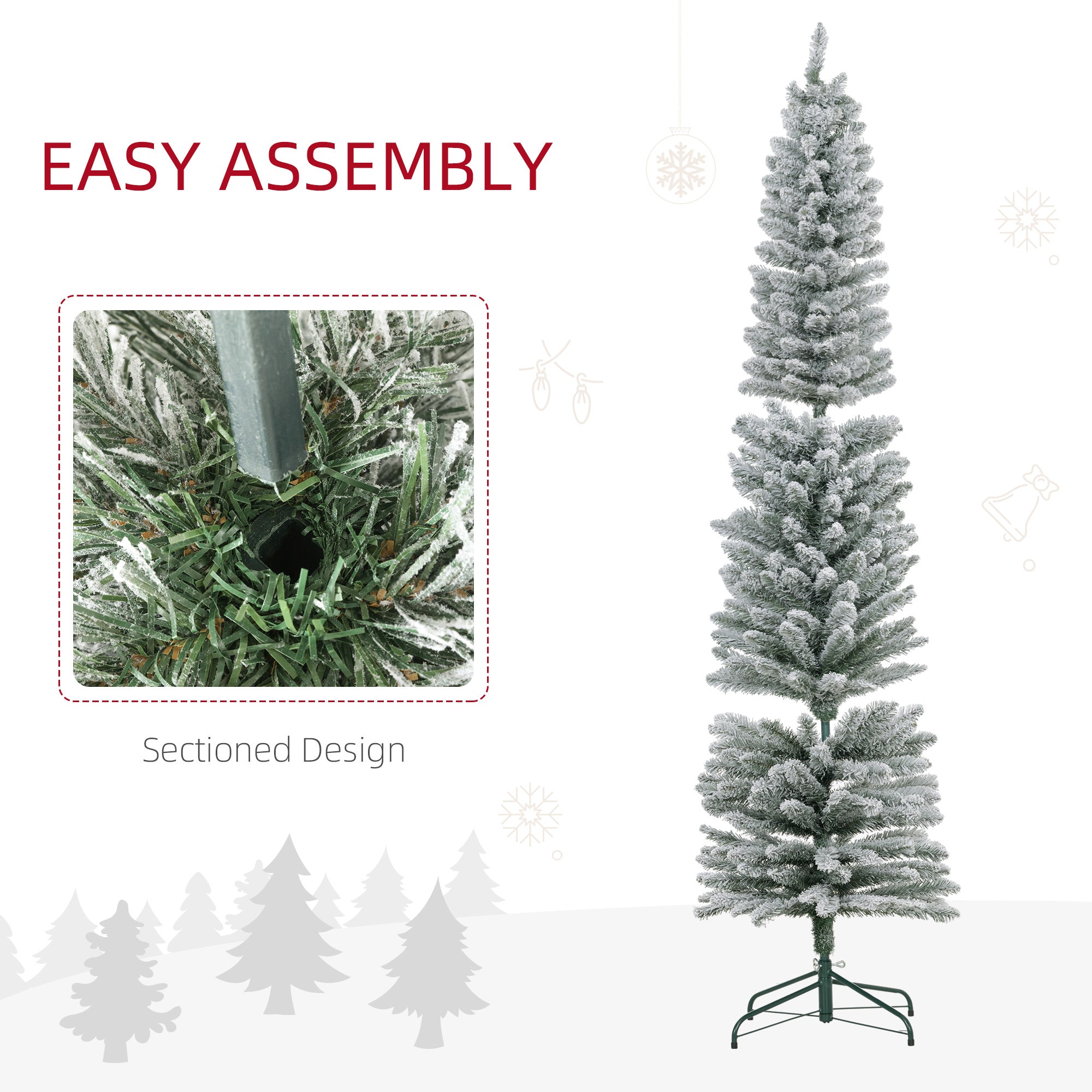 7ft Artificial Christmas Tree, Snow Flocked Branches, Metal Base, Pencil Xmas Tree