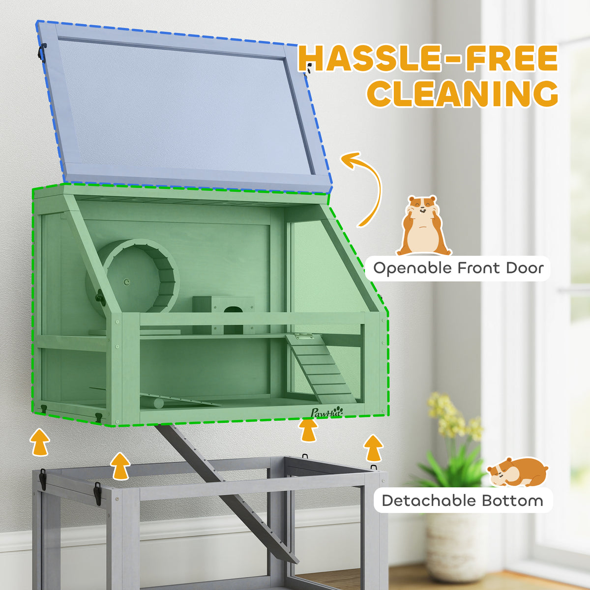 3 Tier Wooden Hamster Cage w/ Detachable Bottom, Hut, Seesaw, Exercise Wheel, Ramps, 24" x 16" x 29.5"