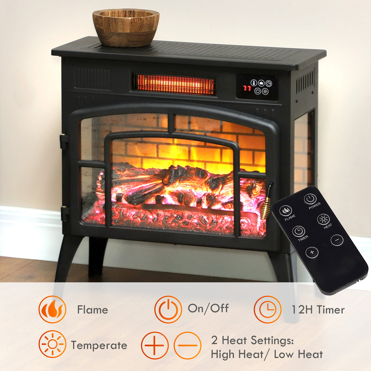 Electric Fireplace Stove, Infrared Fireplace Heater with Realistic Flame & Adjustable Temperature, 1500W, Black