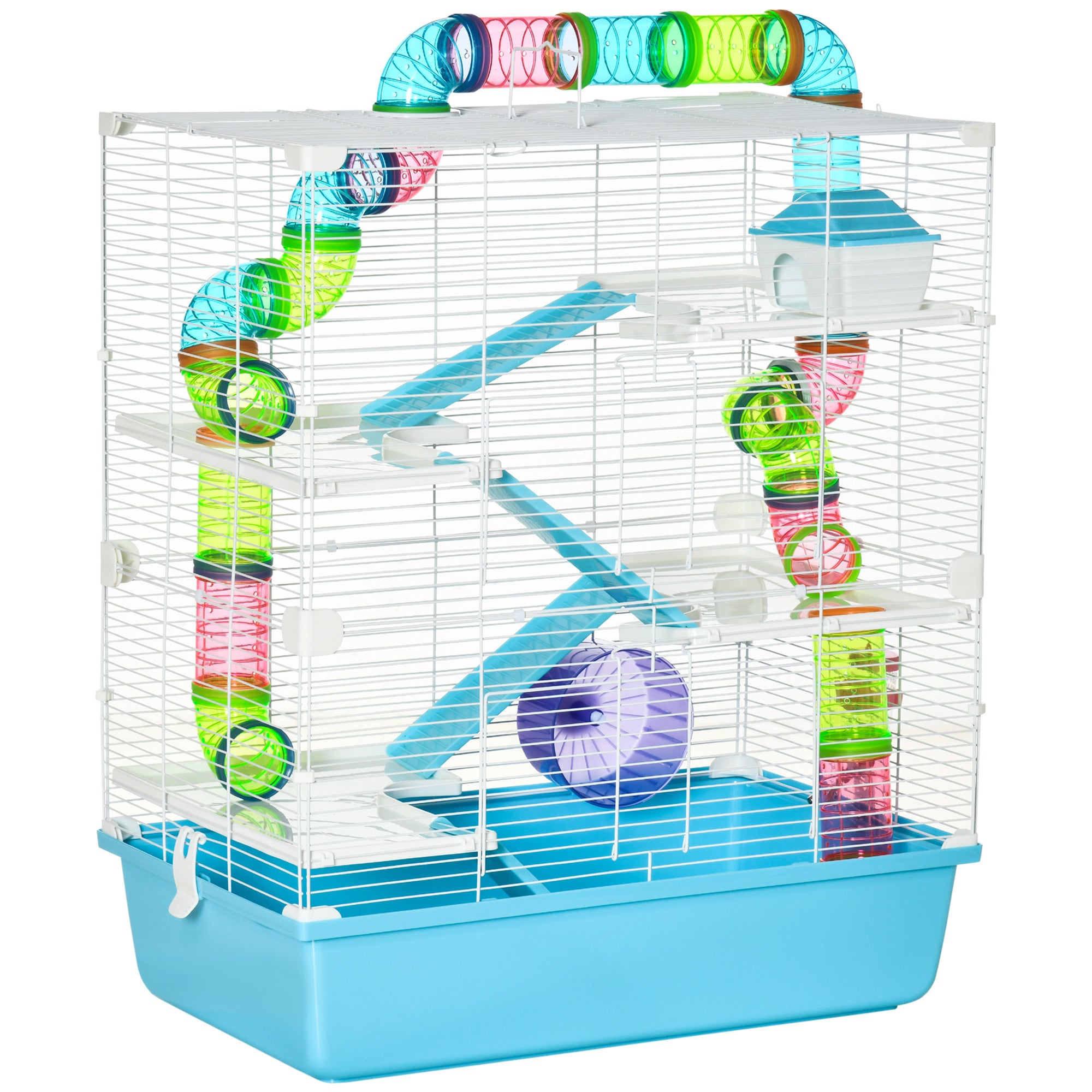 Extra Large 23" Hamster Cage with Tubes and Tunnels, Portable Carry Handles, Rat House and Habitats Big 5-Tier Design, Mouse Cage Includes Exercise Wheel, Water Bottle, Food Dish, Light Blue - Light Blue