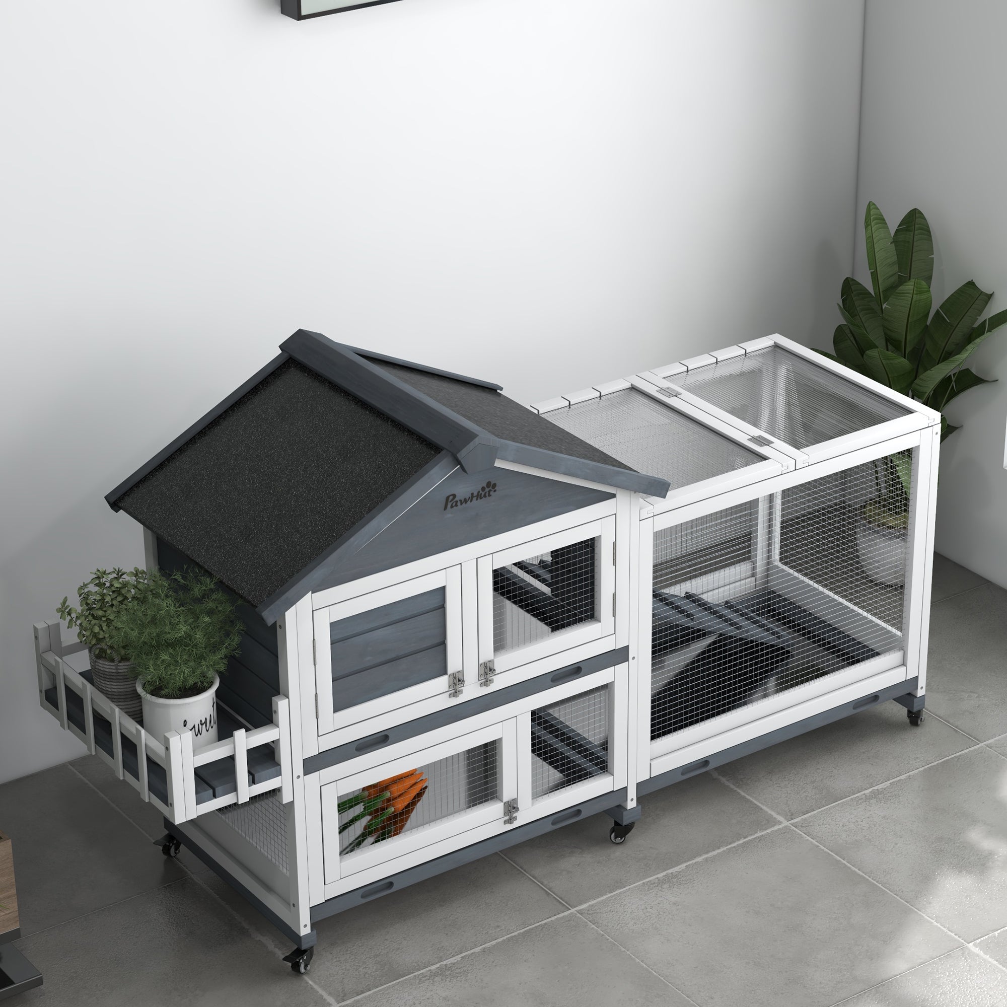 65" Wooden Rabbit Hutch, Pet Playpen with Openable Roof & Storage Box for Rabbits and Small Animals, Gray - Gray - Image 8