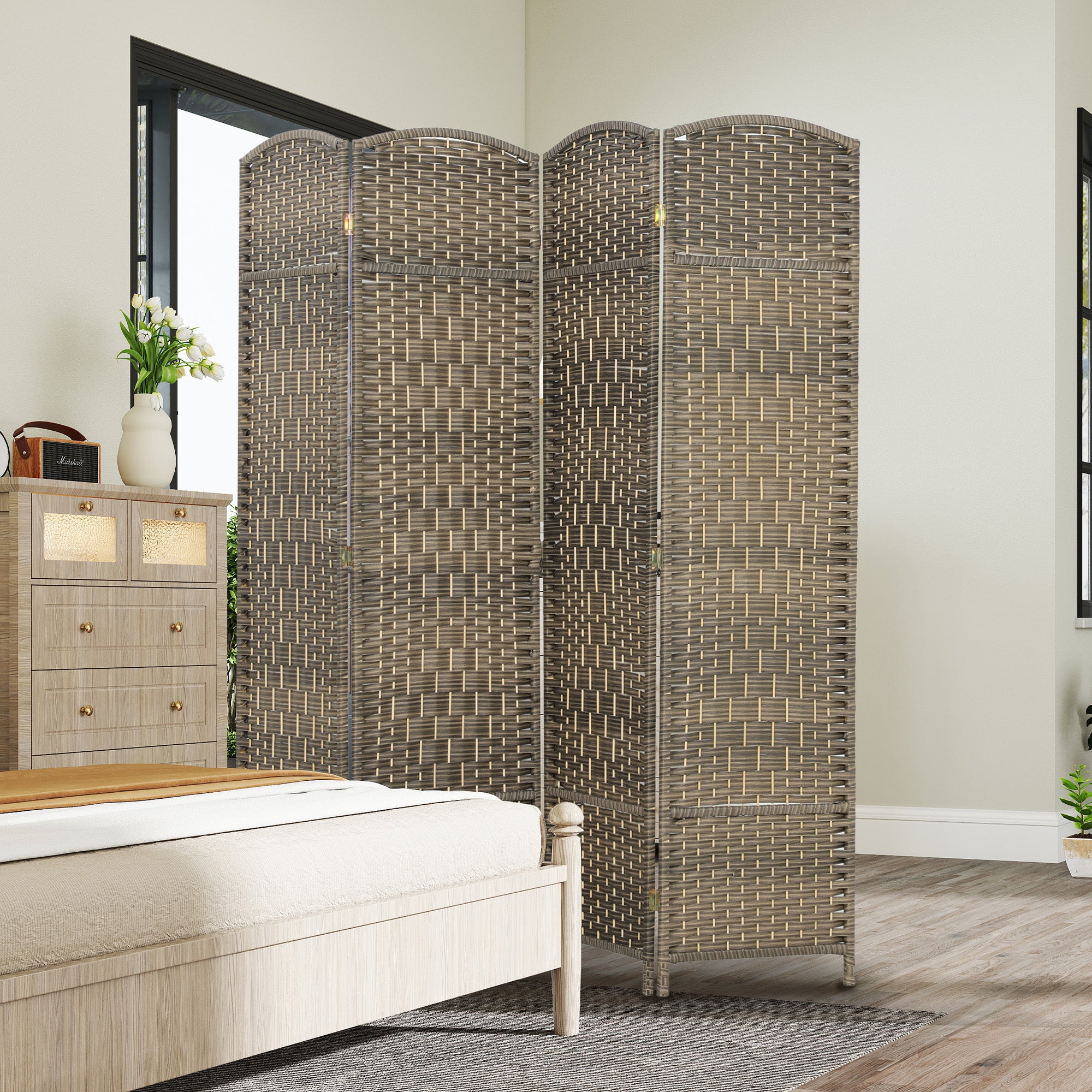 Folding Room Divider Screen 4 Panel 6' Tall Privacy Screen Freestanding Wood Partition for Home Office, Dark Rustic Oak