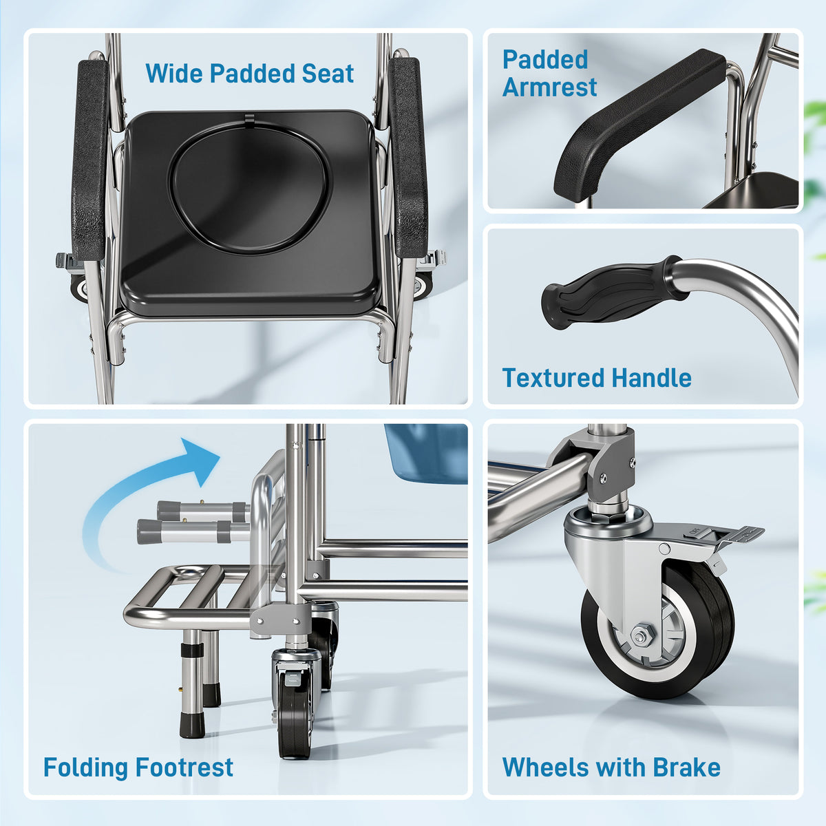 3-in-1 Shower Commode Wheelchair, Accessible Transport Commode Medical Rolling Chair, Black