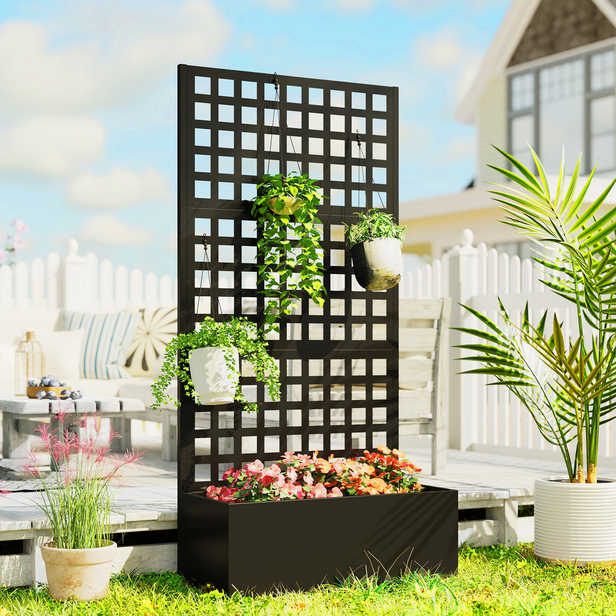 Galvanized Raised Garden Bed Planter Box with Trellis for Climbing Plants, Vegetable, Vines, 35" x 16" x 70", Black - Black - Image 2