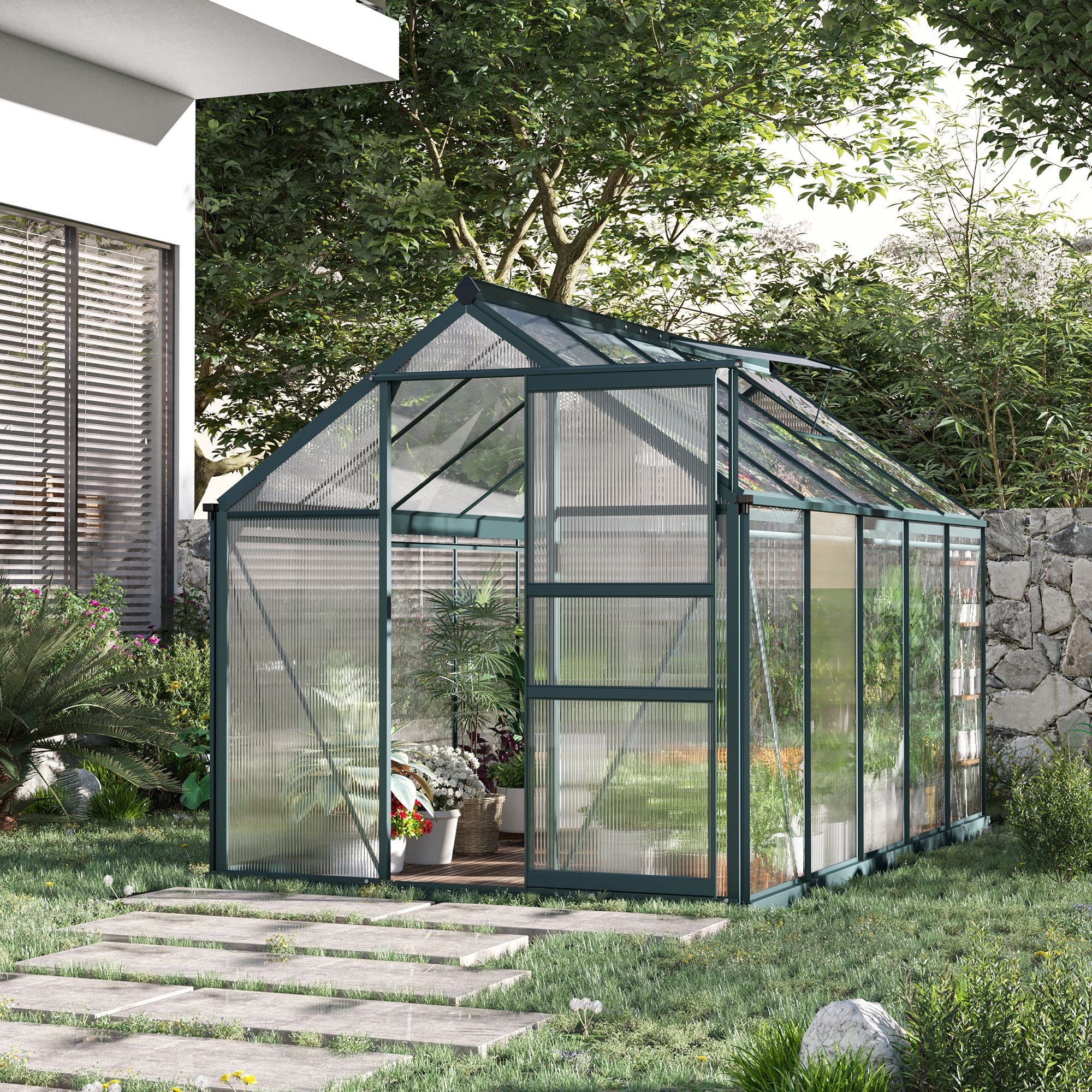 6' x 10' Greenhouse for Outdoors, Polycarbonate Greenhouse with Rain Gutter and Roof Vent, Aluminum Walk-in Green Houses for Outside for Patio Backyard Garden, Dark Green - Dark Green - Image 8