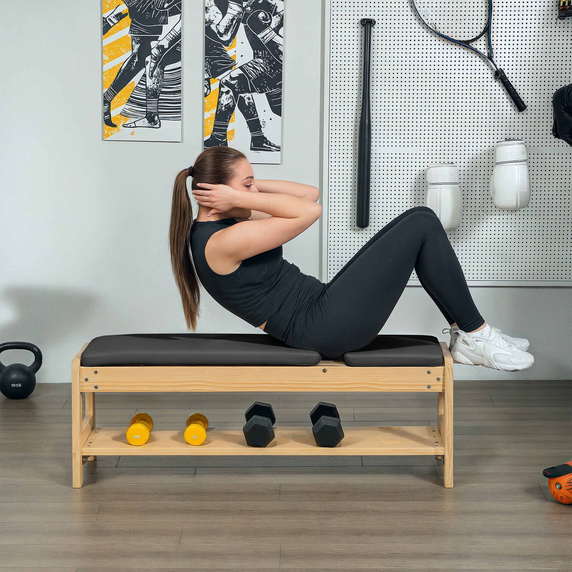 Wooden Adjustable Weight Bench with Dumbbell Rack, Flat or Incline Workout Bench for Home Gym Weight Lifting, Black