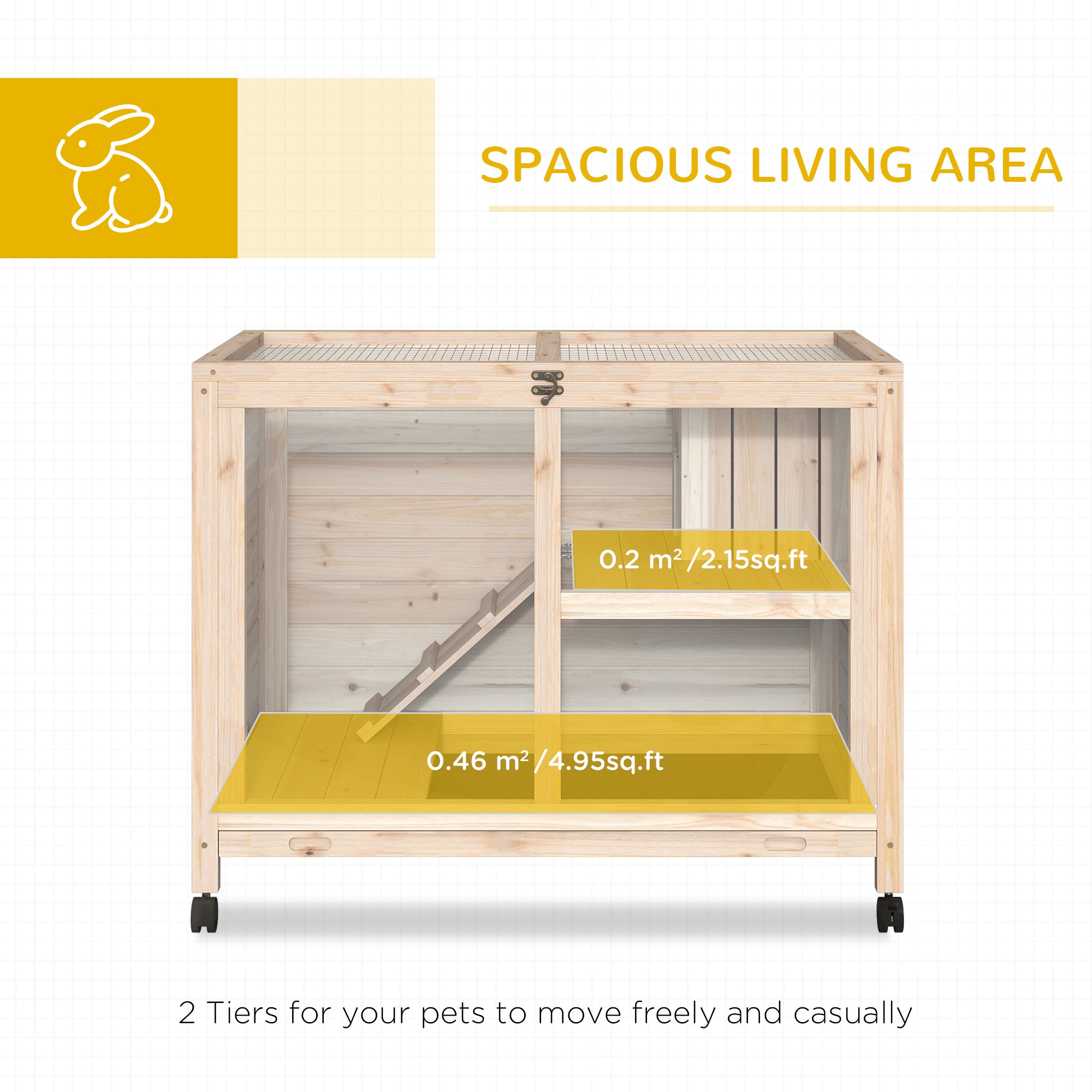 Rabbit Hutch with Wheels, Desk and Side Table Sized, Wooden Rabbit Cage, Waterproof Small Bunny Cage with Removable Tray, Openable Roof, for Rabbits, Chickens, Ducks, Indoor/Outdoor, Natural - Natural Wood - Image 4