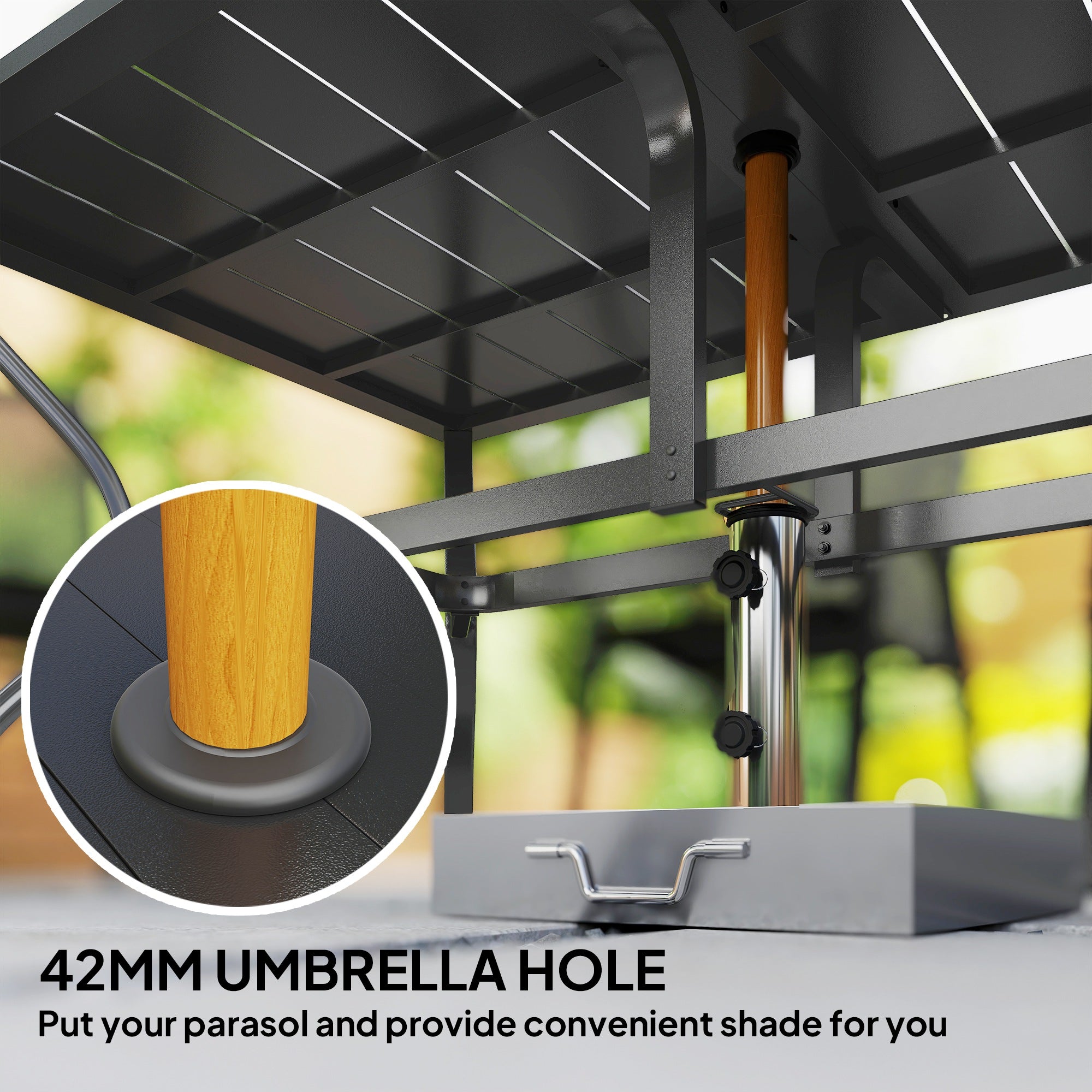 Rectangular Patio Table with Umbrella Hole, Steel Rectangle Outdoor Dining Table for 6 People for Garden, Black