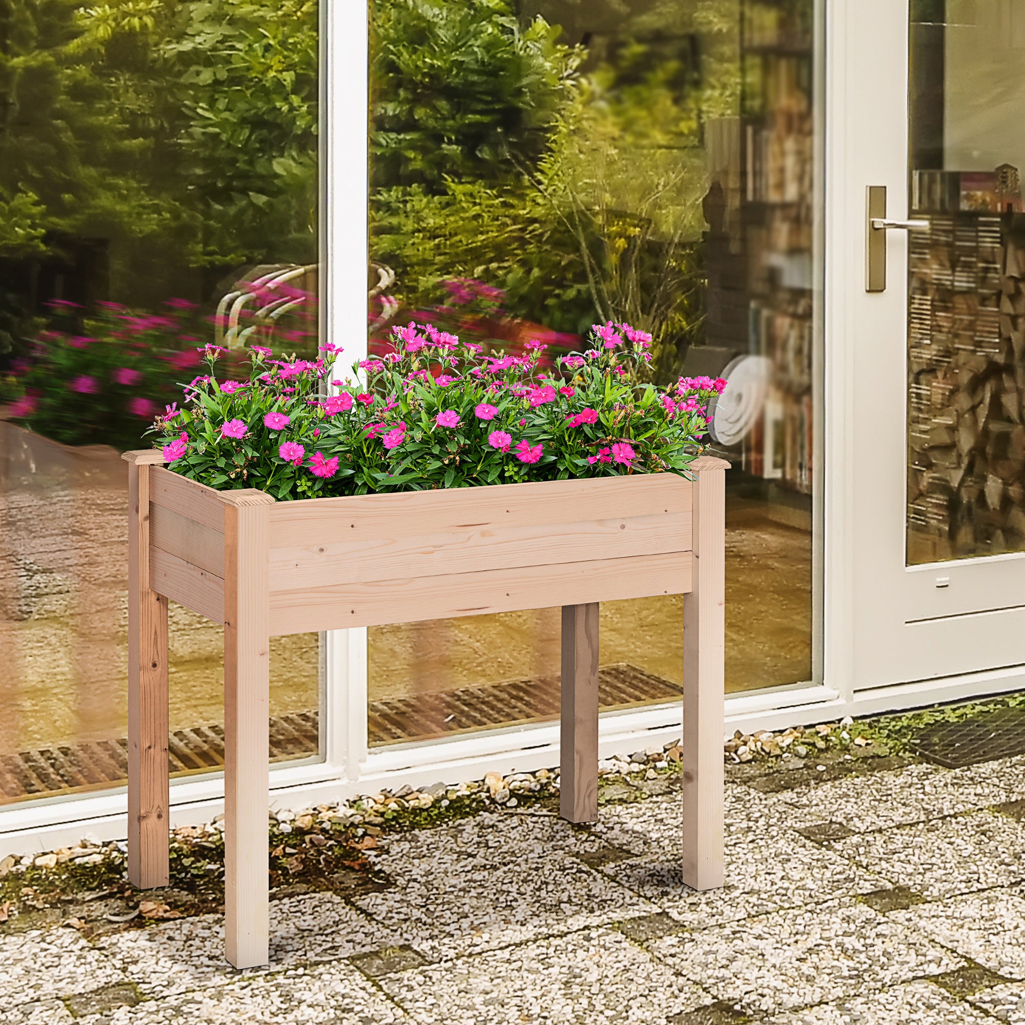 Raised Garden Bed with Legs, 34" x 18" x 30", Elevated Wooden Planter Box, Self-Draining with Bed Liner for Vegetables, Herbs, and Flowers Backyard, Patio, Balcony Use, Natural - Natural Wood - Image 2