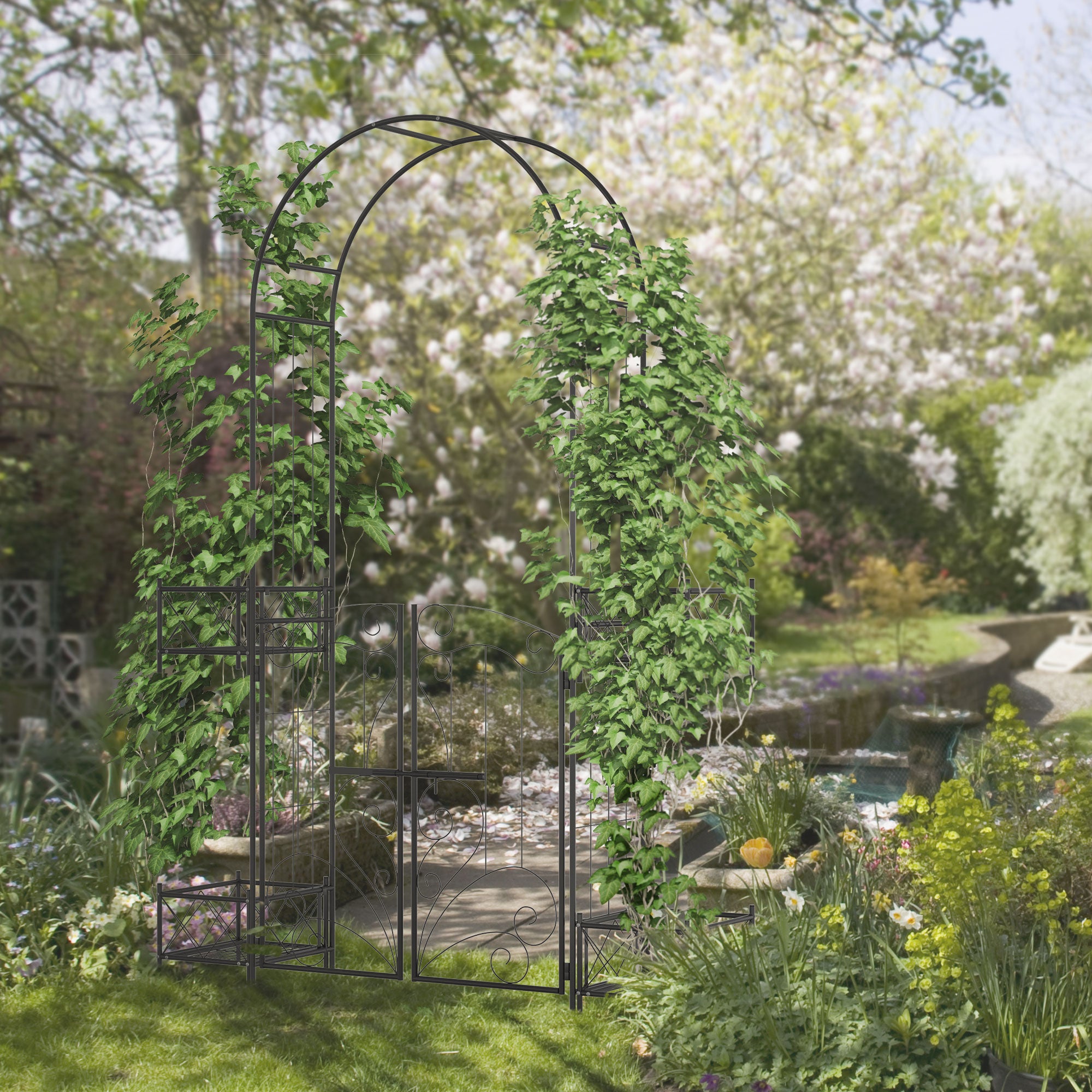 7' Garden Arch Arbor, Metal Arch Trellis with Gate, Garden Archway for Climbing Vines, Wedding Ceremony Decoration, Black - Black - Image 2