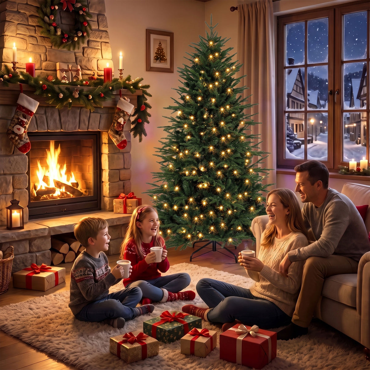 6ft Prelit Christmas Tree, Wide Artificial Hinged Xmas Tree with 300 Warm White LED Lights, 2345 Tips, Green