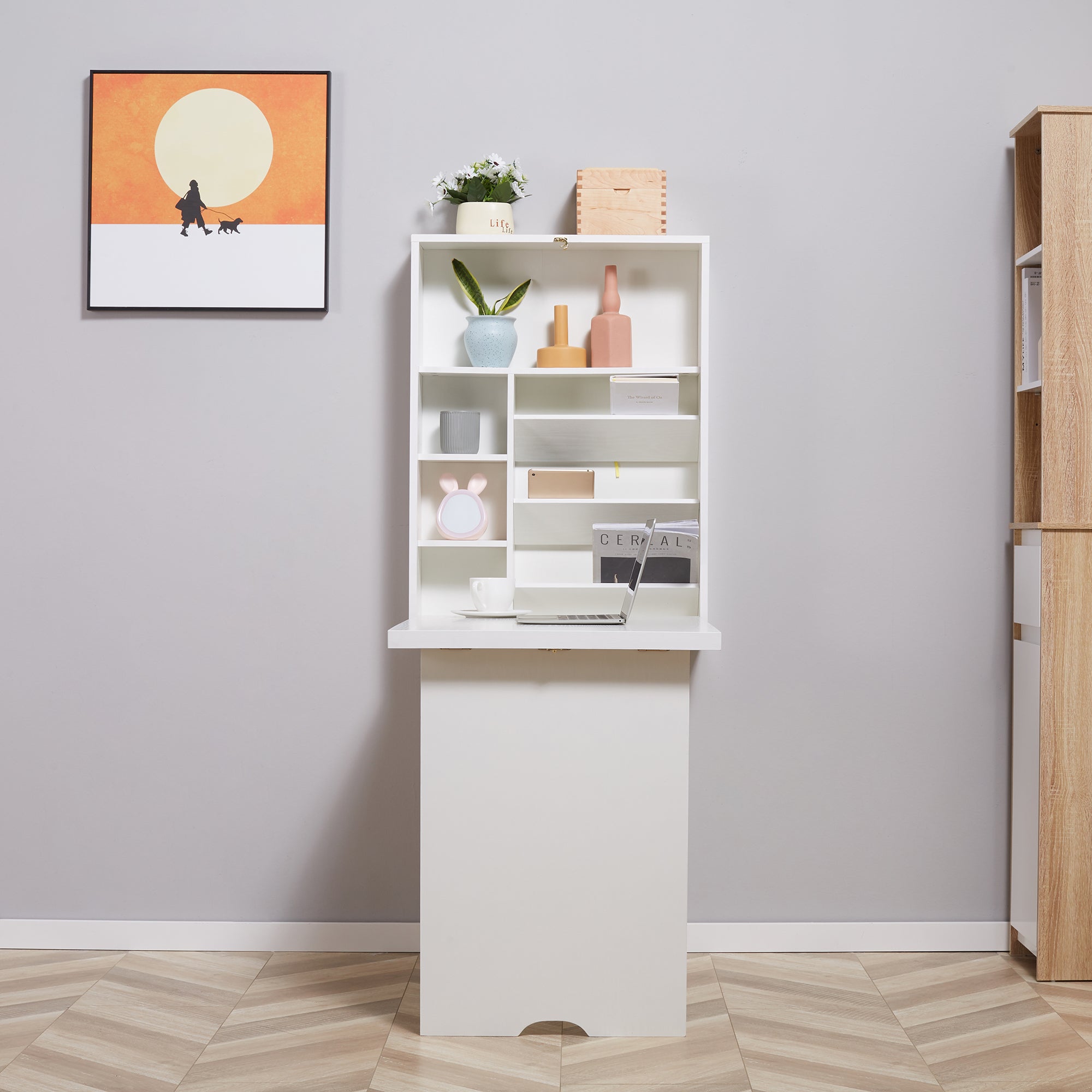 Wall Mounted Fold Out Convertible Desk, Multi-Function Floating Desk with Storage Shelf for Home Office, White