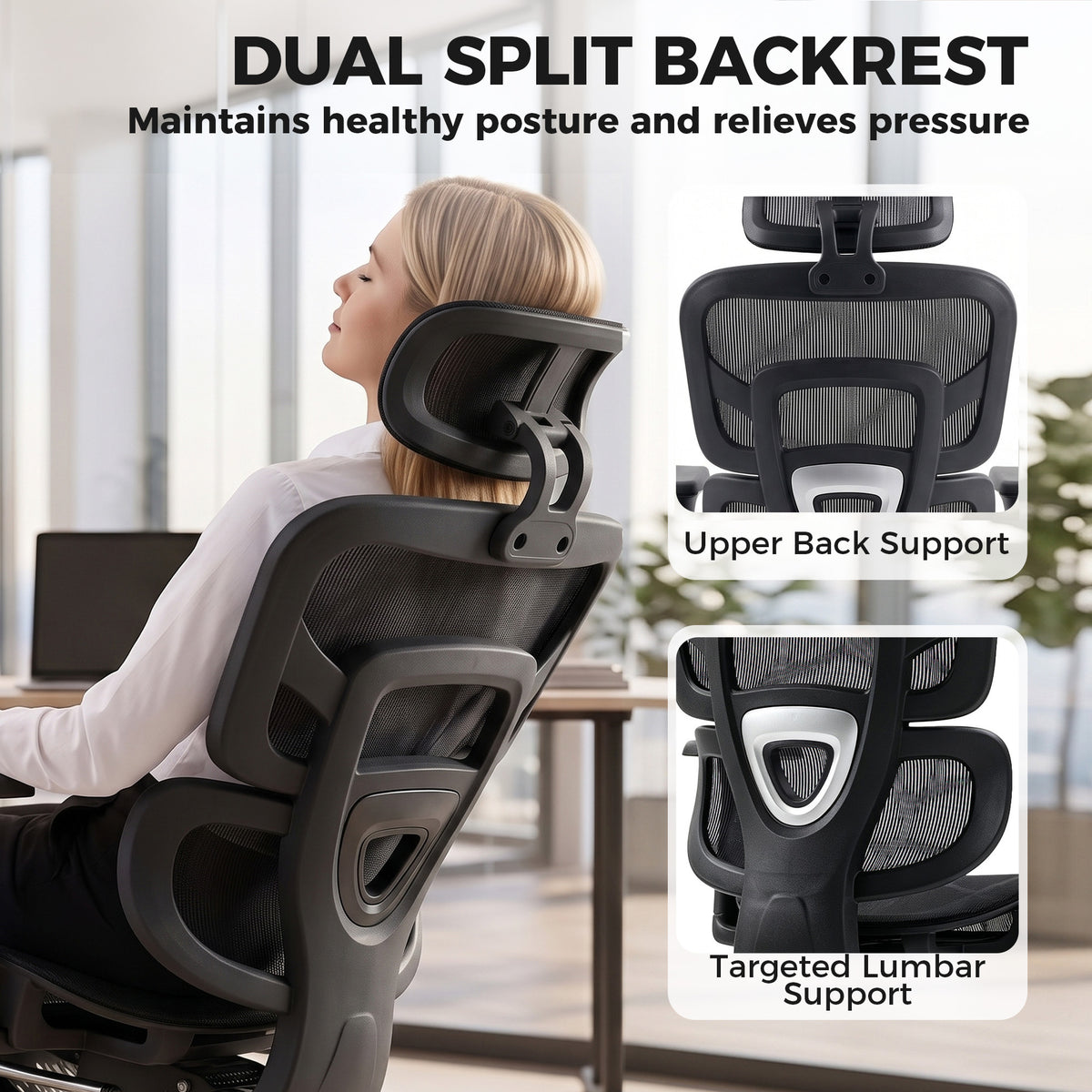 Ergonomic Office Chair with Lumbar Support, 2D Headrest, Mesh Reclining Desk Chair with Footrest, Swivel Wheels, Black