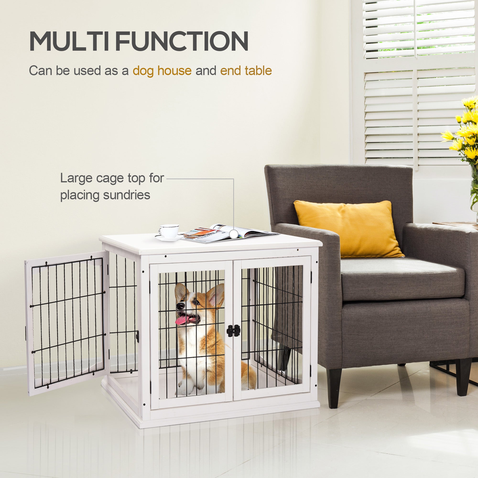 Dog Crate Furniture, 32" Small Dog Cage End Table with 2 Doors, Lockable Door, Puppy Kennel Indoor, White - White - Image 5