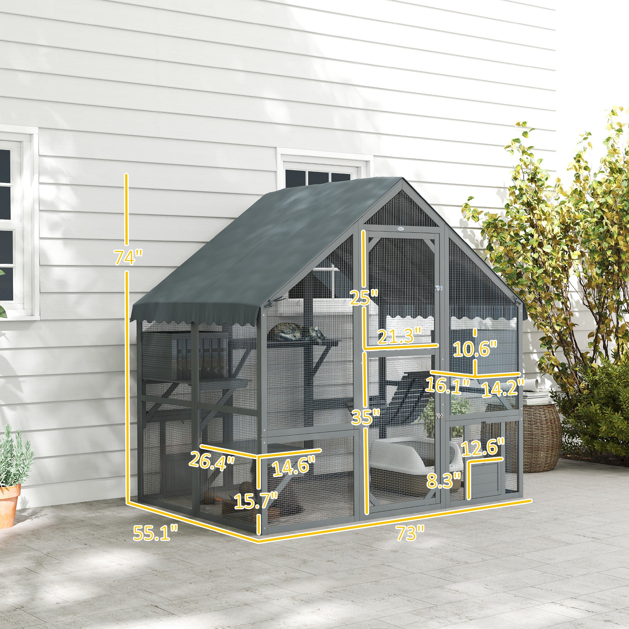Wooden Catio Outdoor Cat Enclosure with Waterproof Cover, 2 Condos, 4 Platforms, Bridge, Doors, Gray - Gray - Image 3