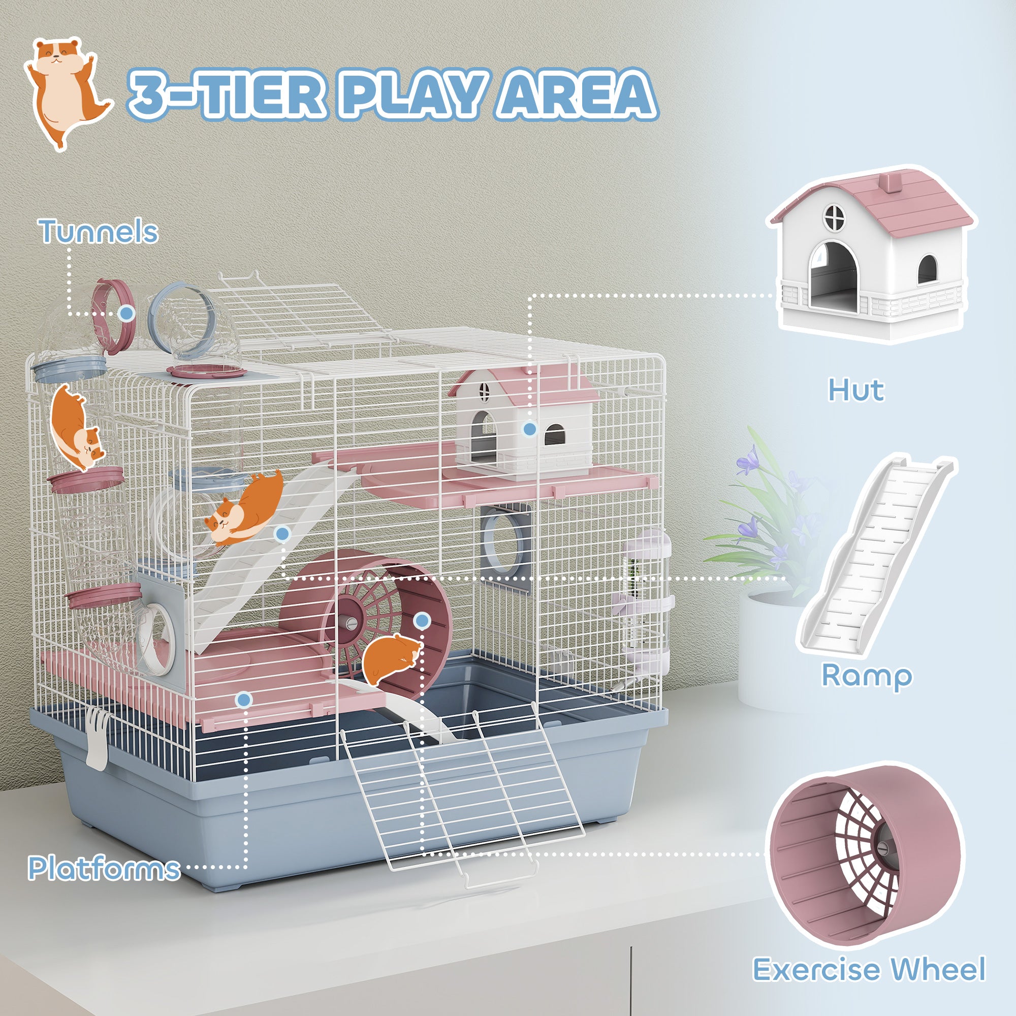 Hamster Cage, 3-Tier Small Animal Cage with Exercise Wheel, Food Bowl, Water Bottle, House, Tunnels, Ramps - Blue - Image 4