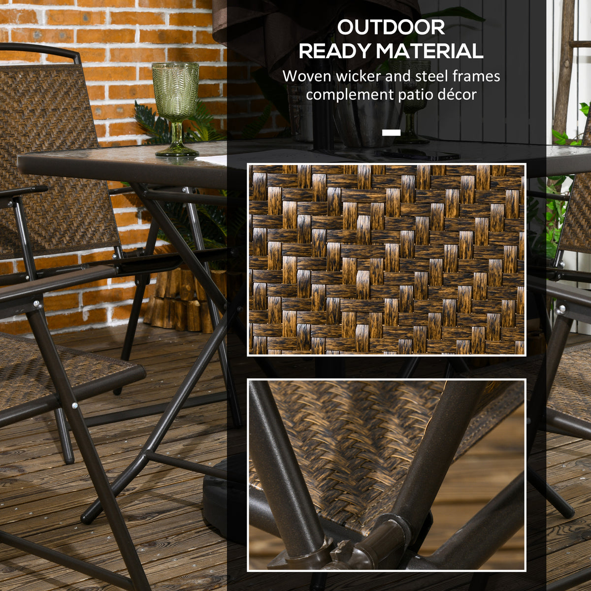 5 Pieces Patio Table and Chairs, Foldable Wicker Outdoor Dining Table Set with Umbrella Hole, Dark Brown