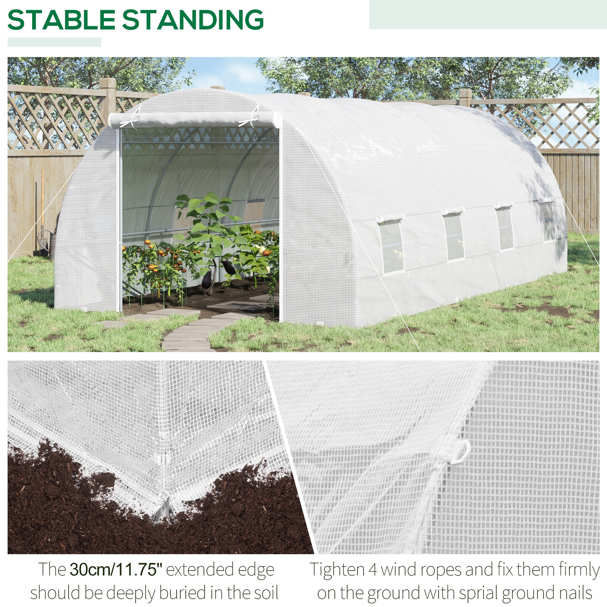 20' x 10' x 7' Walk-In Tunnel Greenhouse with Zippered Door & 8 Mesh Windows, Large Garden Green House Kit, Galvanized Steel Frame, White - White - Image 5