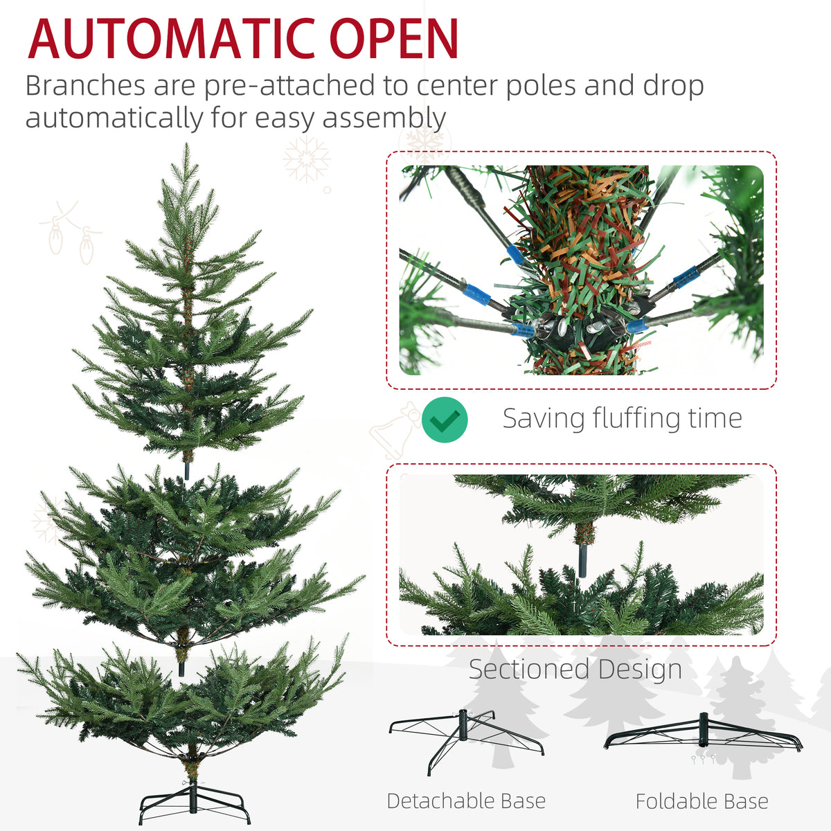 6 Foot Artificial Christmas Tree, Nordic Pine Hinged Xmas Tree with 795 Realistic Branches, Wide Steel Base, Auto Open, Green