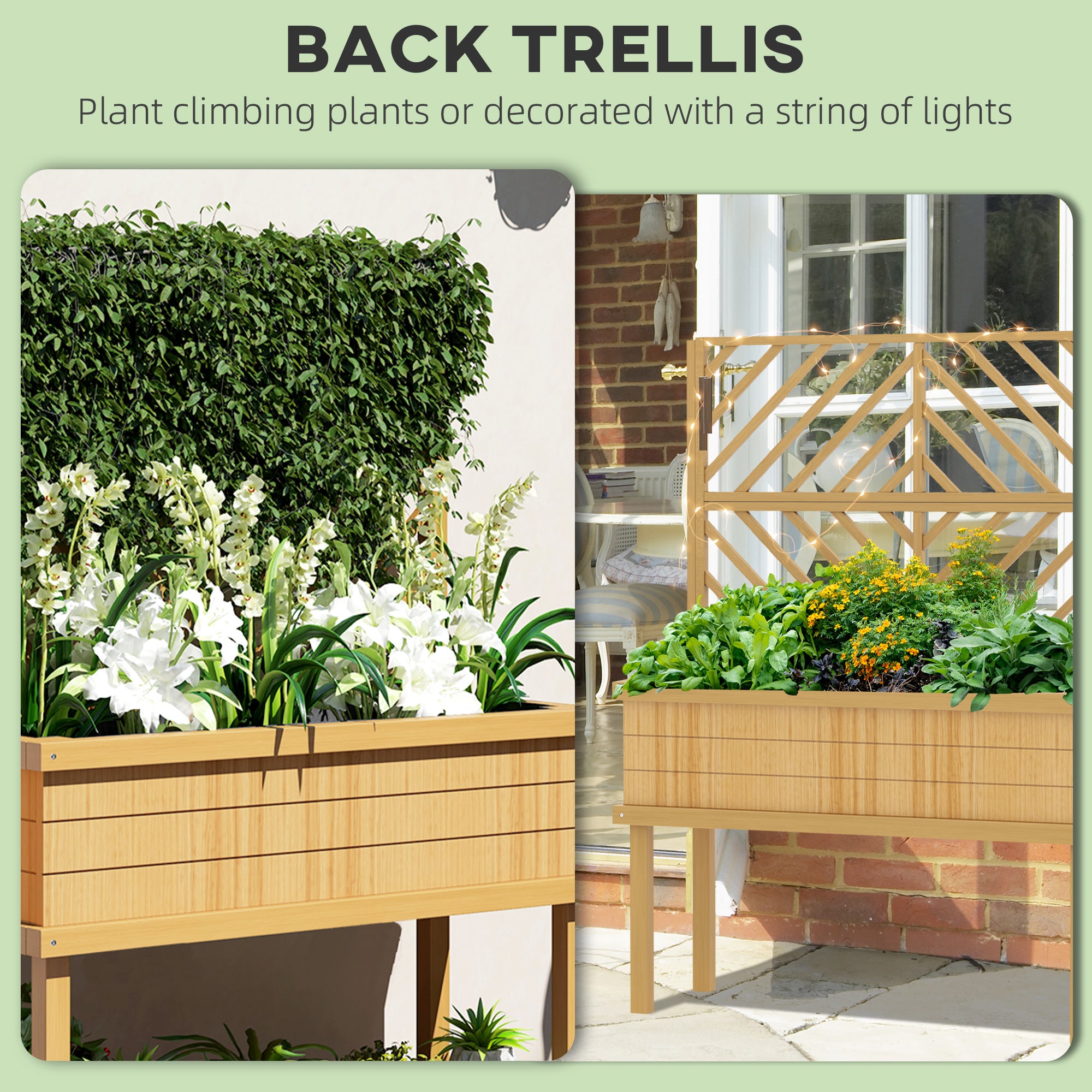 Elevated Wood Planter with Trellis for Climbing Plants, Raised Garden Bed with Legs and Drainage Holes, Natural Wood - Natural Wood - Image 4