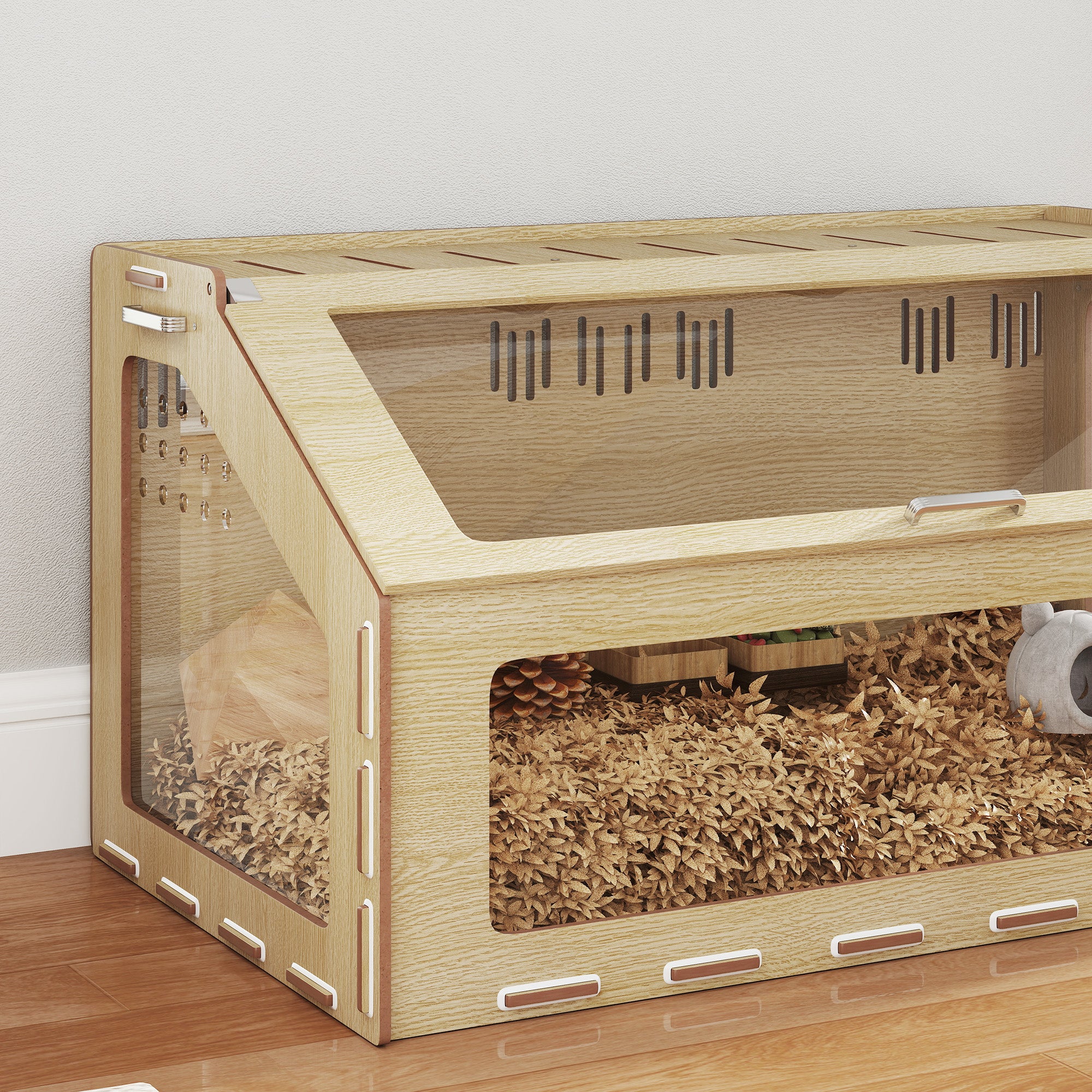 39 inch Hamster Cage Habitat with Acrylic Window & Openable Top for Dwarf Hamster, Gerbil, Guinea Pig, Rat, Oak - Oak - Image 8