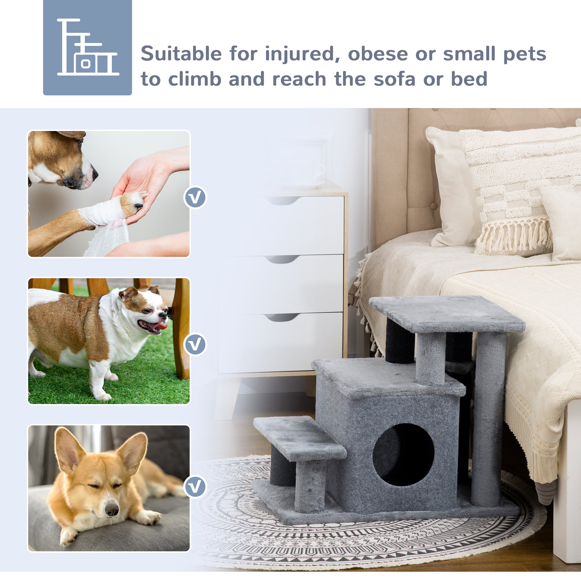 Adjustable Height 3 Step/4 Step Cat Stairs with Cat Scratching Post, Cat Condo, Toy Ball, for Bed, Sofa, Couch, Gray - Gray - Image 7