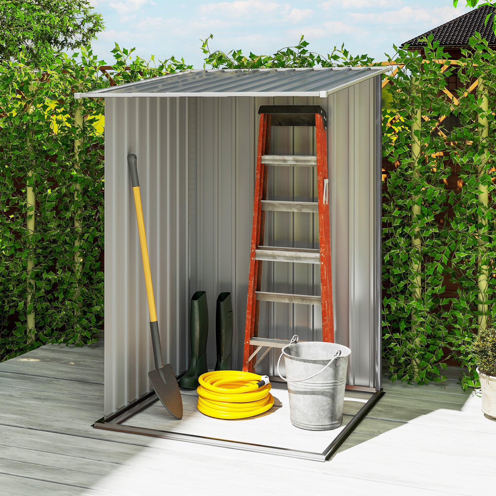 Outdoor 3.3' x 3.4' Lean-to Garden Storage Shed, Galvanized Steel Tool House with Lockable Door for Patio, Gray - Gray - Image 7