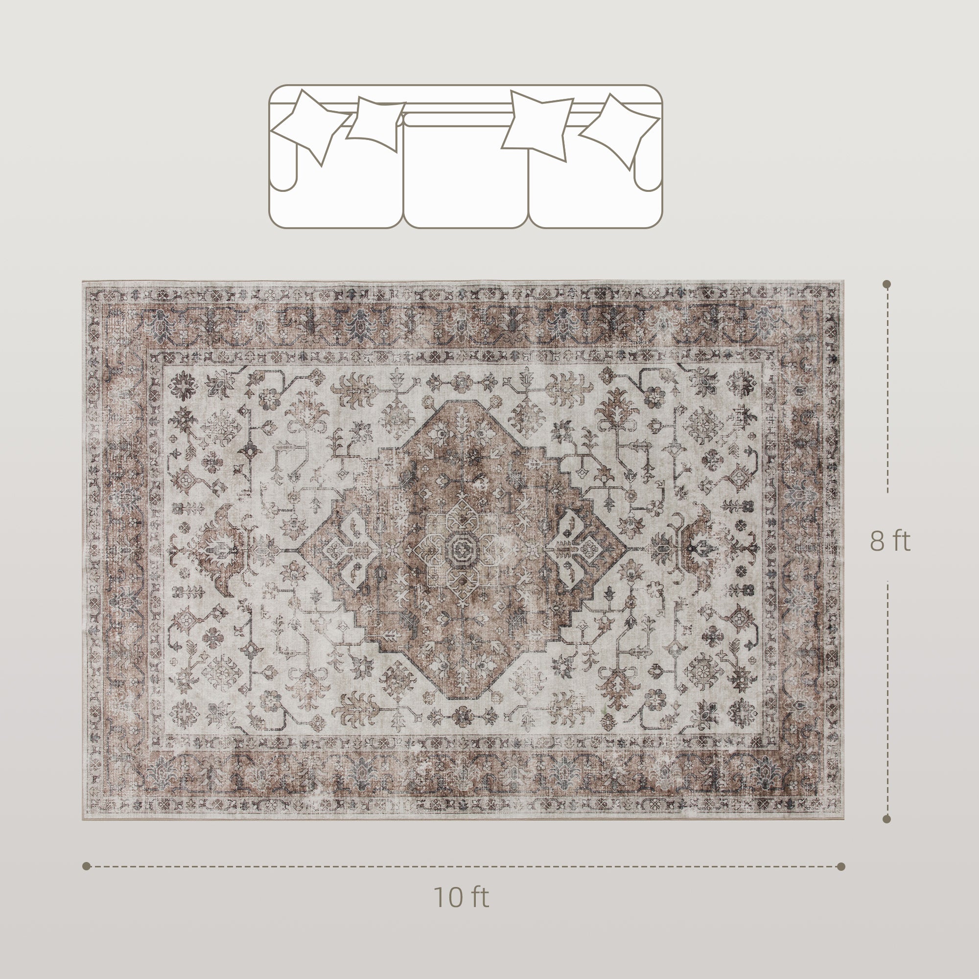 8x10 Area Rug, Vintage Machine Washable Rug, Non-Slip Floor Carpet for Living Room, Bedroom, Dining Room, Tan